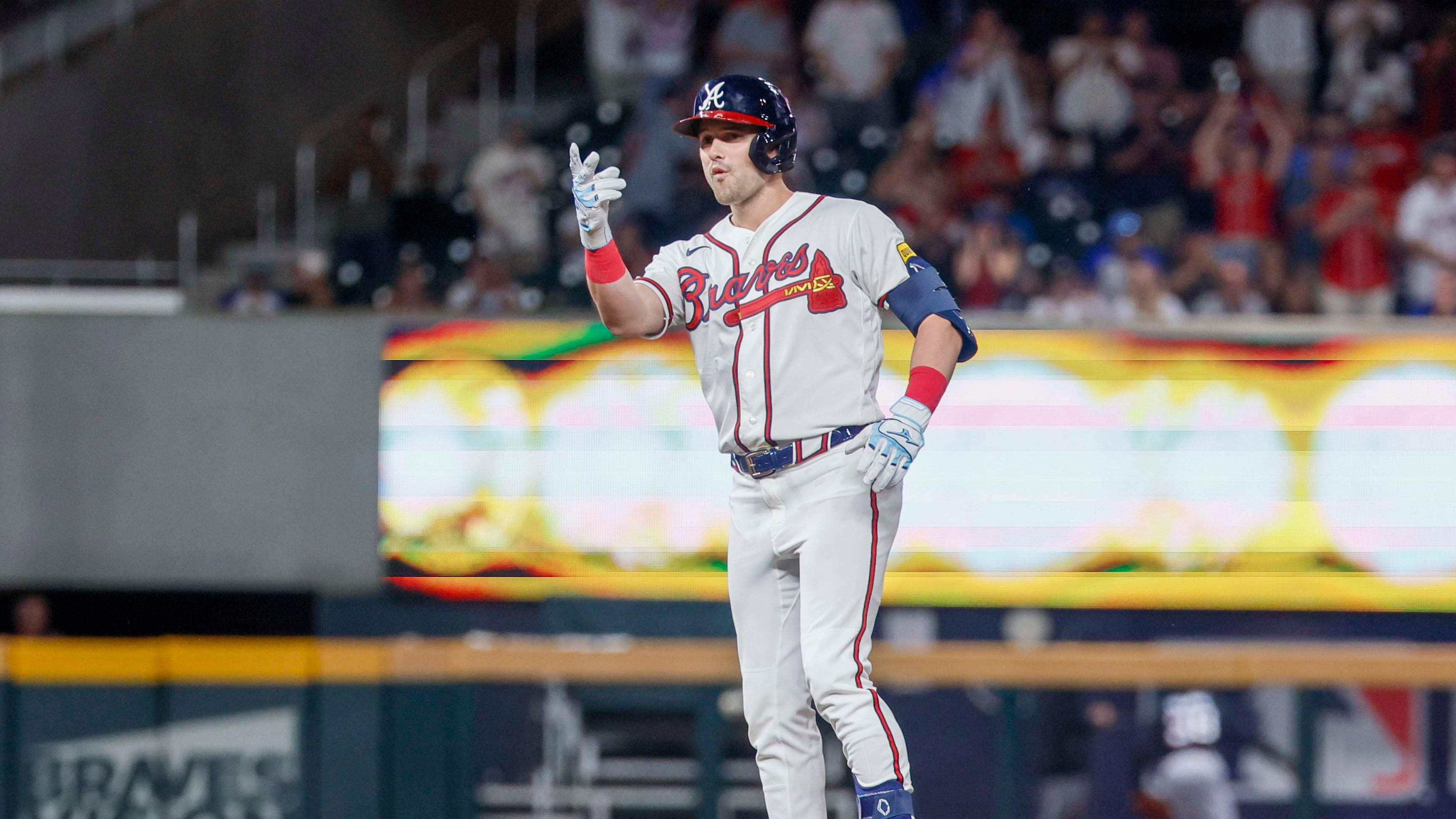 Atlanta Braves outfielder Lane Thomas reacts after hitting a RBI-double during the sixth inning against the Miami Marlins on Thursday, Aug. 6, 2026, at Truist Park in Atlanta. (Miguel Martinez/AJC)