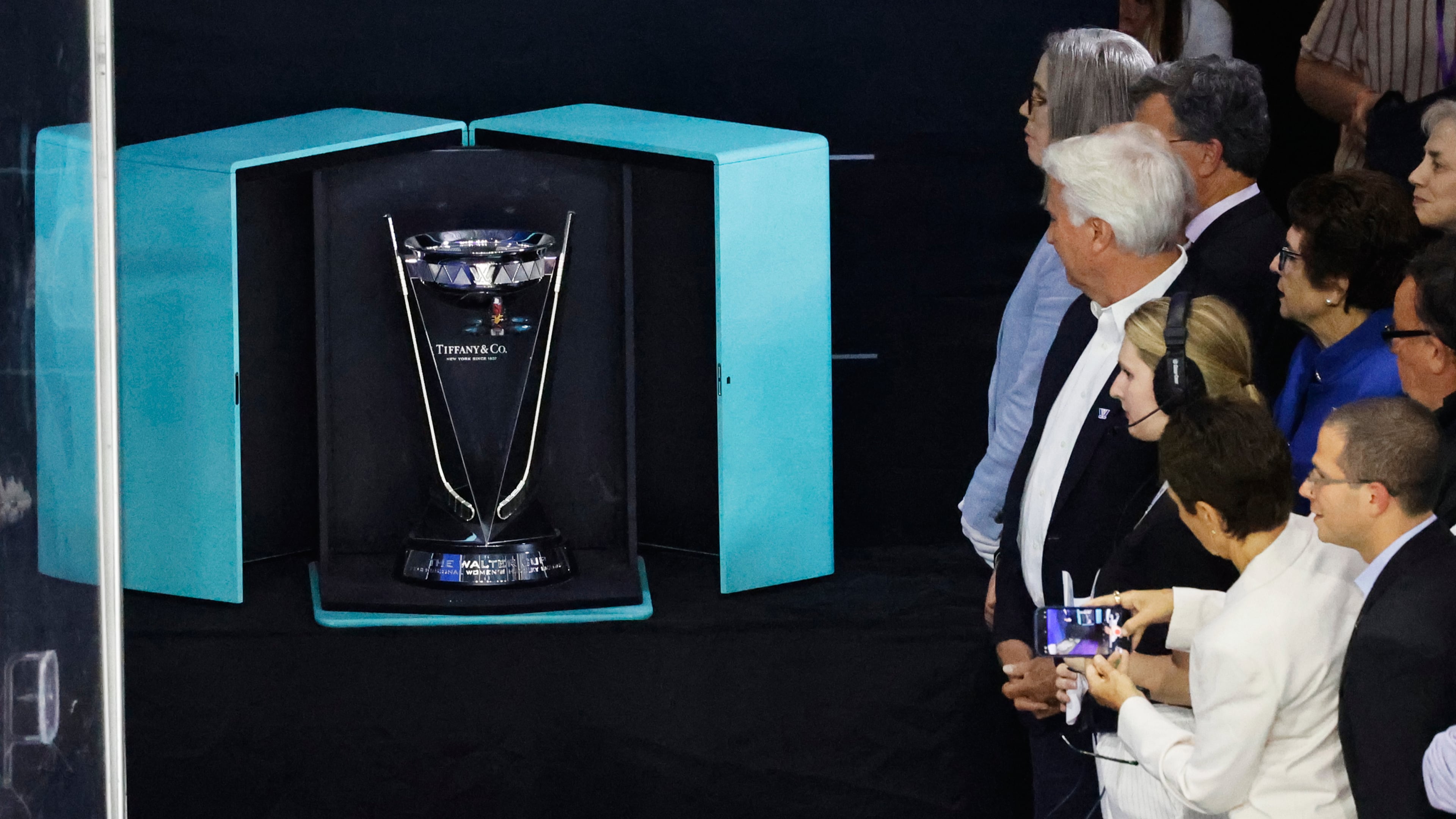 FILE - The Walter Cup is displayed before being presented to Minnesota after after they defeated Boston in Game 5 of the finals to win the PWHL, May 29, 2024, in Lowell, Mass. (AP Photo/Mary Schwalm)