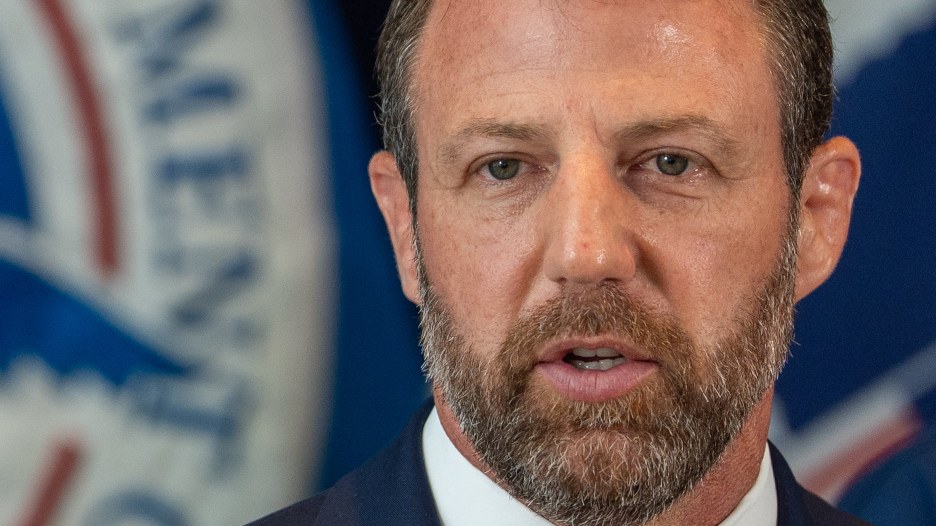 Department of Homeland Security Secretary Markwayne Mullin speaks during a news conference Wednesday, July 1, 2026, in New York. (AP Photo/David 'Dee' Delgado)