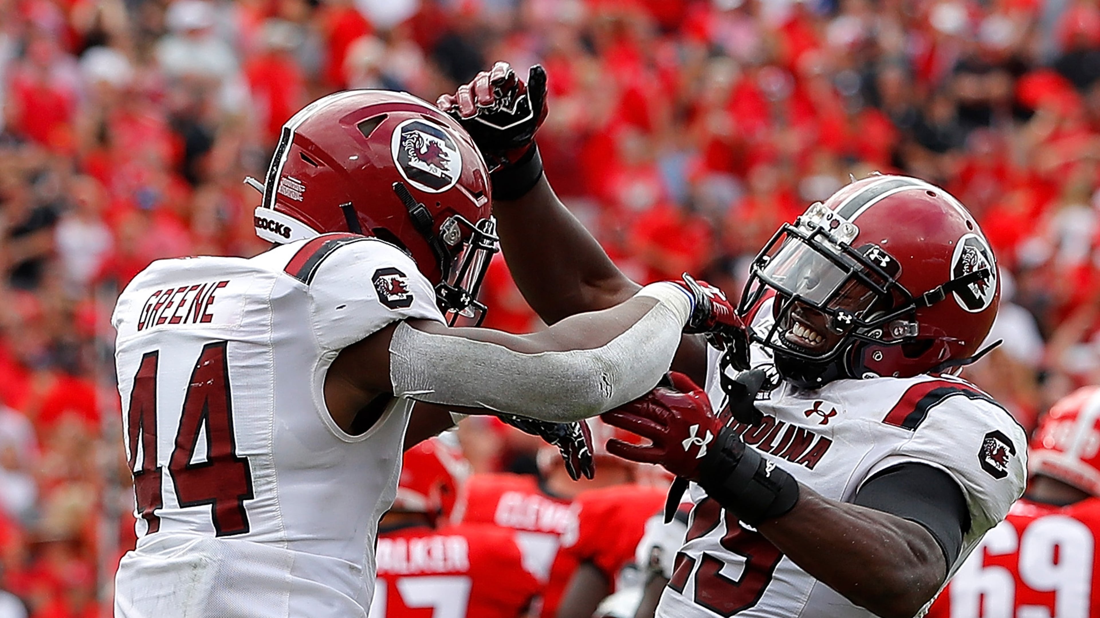 Sherrod Greene (44) and J.T. Ibe (29) of the South Carolina Gamecocks react after a missed field goal by Rodrigo Blankenship (98) of the Georgia Bulldogs in second overtime gave them a 20-17 win at Sanford Stadium on October 12, 2019 in Athens, Georgia. (Kevin C. Cox/Getty Images/TNS)