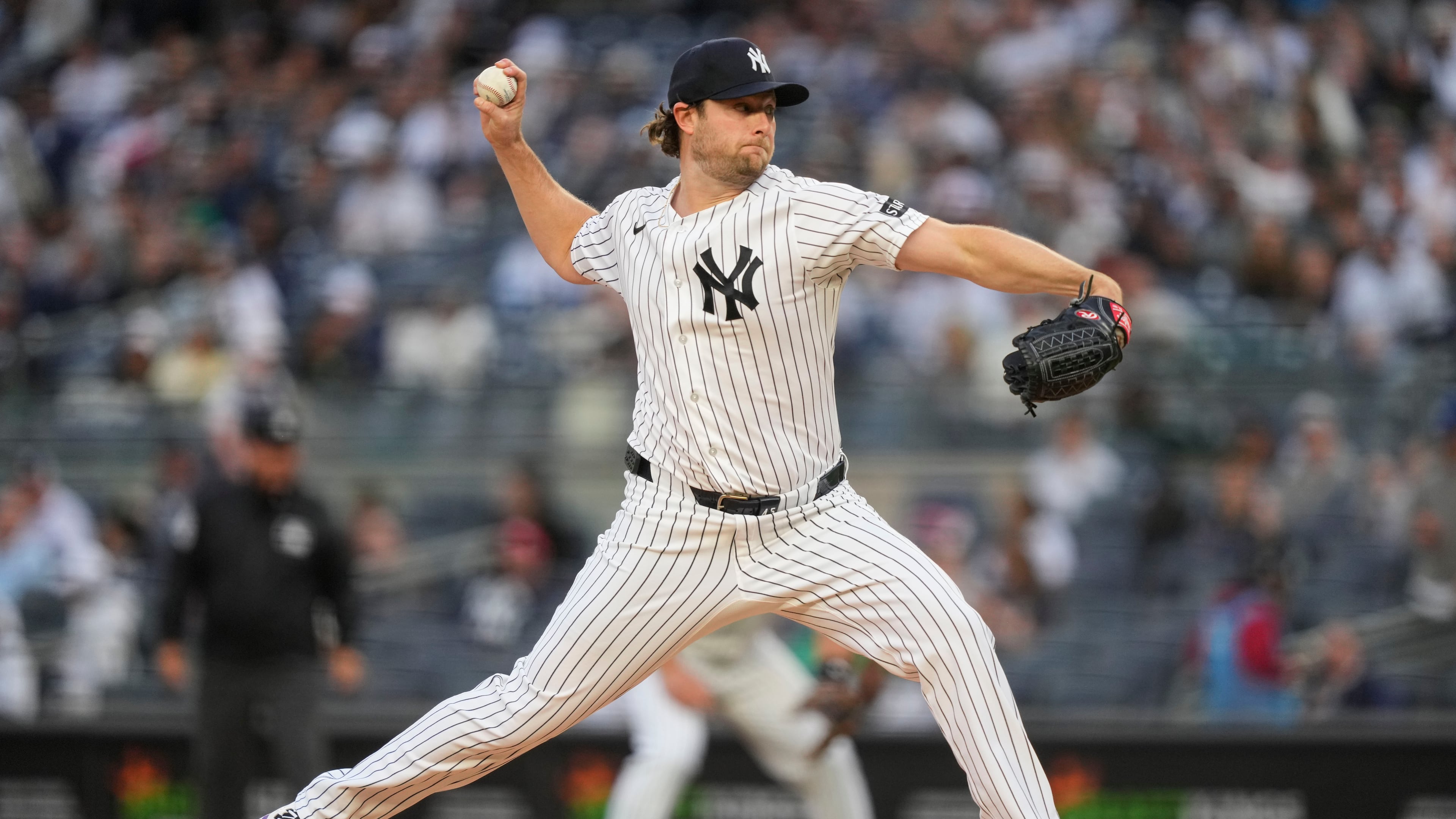 New York Yankees pitcher Gerrit Cole throws during the first inning of a baseball game against the Tampa Bay Rays, Friday, May 22, 2026, in New York. (AP Photo/Yuki Iwamura)