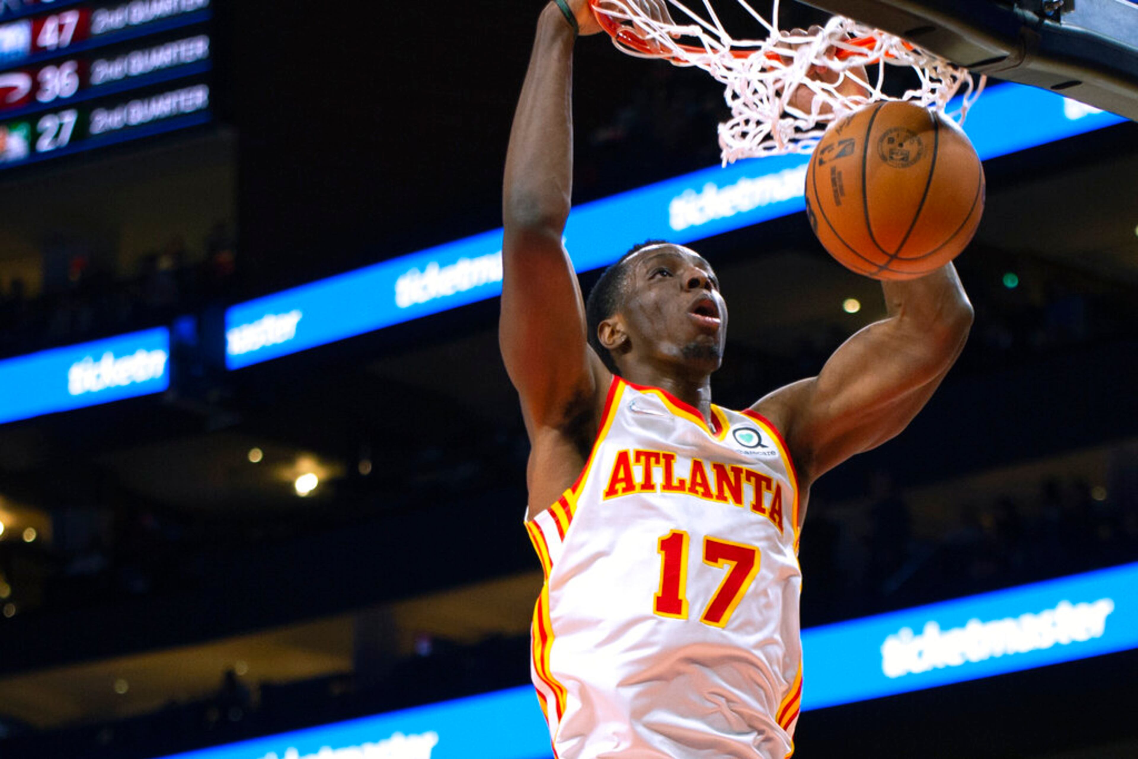 Atlanta Hawks forward Onyeka Okongwu dunks during the first half of the team's NBA basketball game against the Minnesota Timberwolves on Wednesday, Jan. 19, 2022, in Atlanta. (AP Photo/Hakim Wright Sr.)