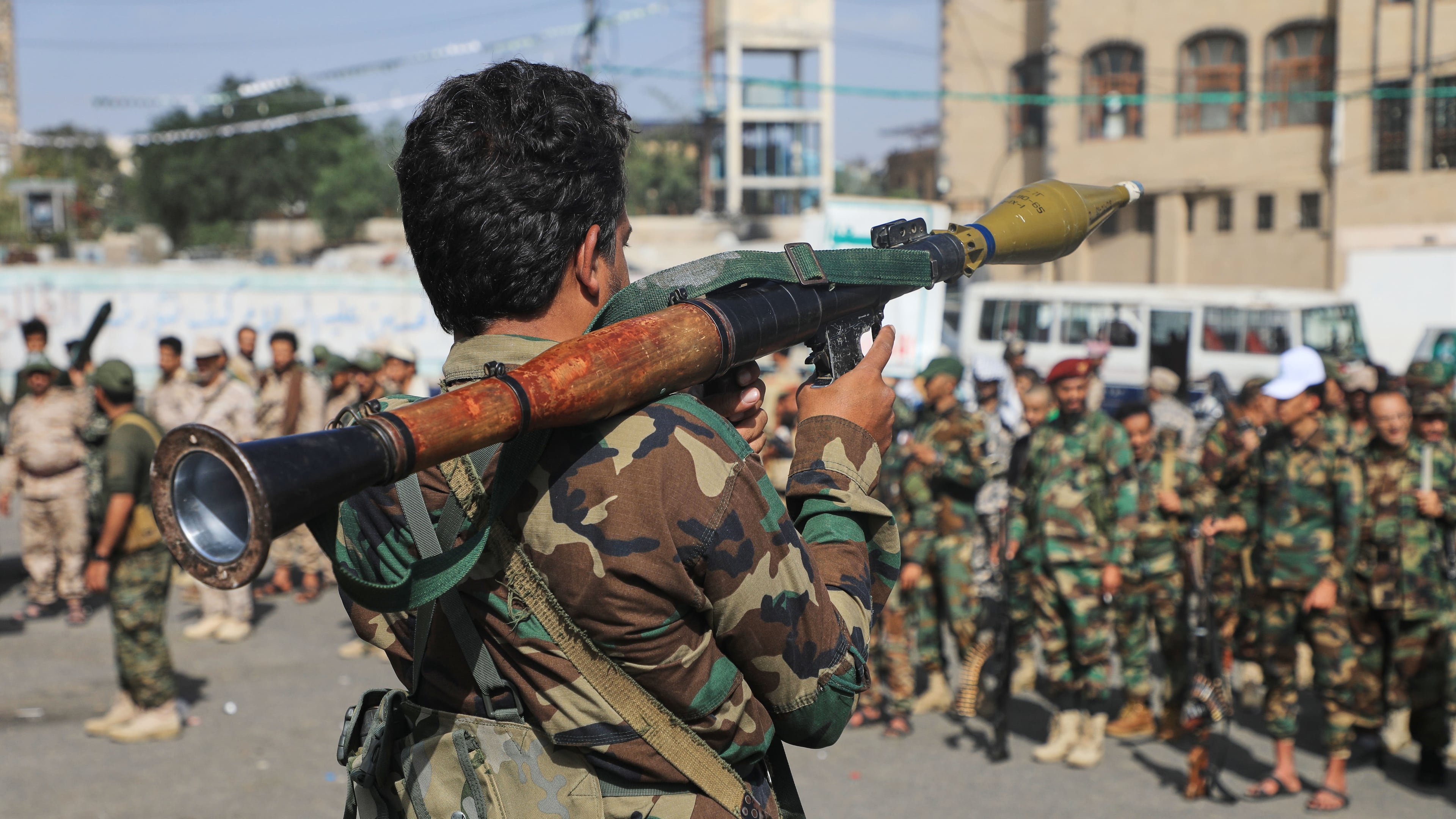 A fighter with Yemen’s Houthi rebels carries a rocket-propelled grenade launcher as they march during a mobilization campaign in Sanaa, Yemen, Thursday, Sept. 10, 2026. (AP Photo)