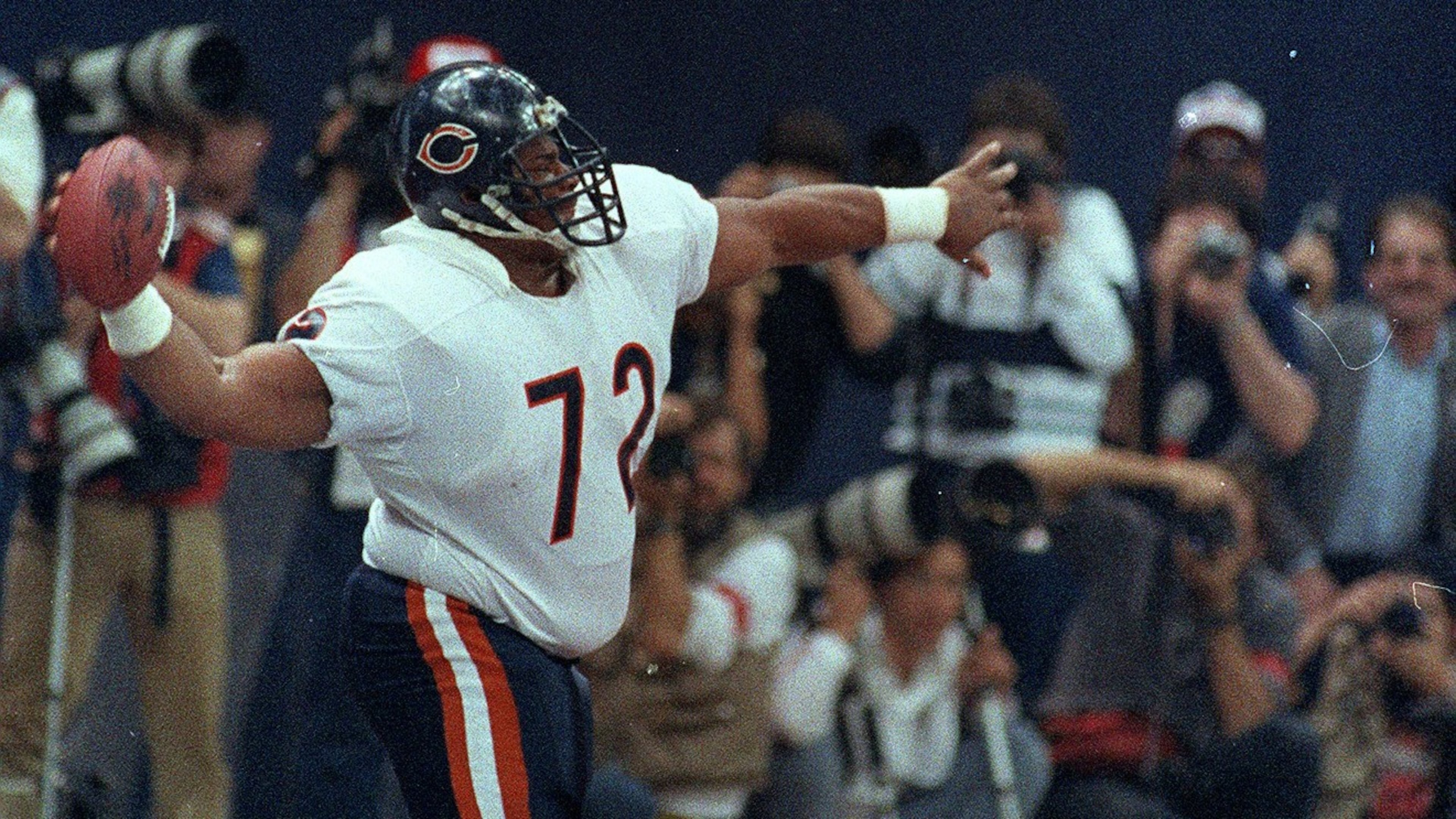 Chicago Bears' William "The Refrigerator" Perry spikes the ball after scoring a touchdown in Super Bowl XX in New Orleans, La., on Jan. 26, 1986. The Bears won 46-10, scoring the most points in Super Bowl history. (AP Photo/Amy Sancetta)