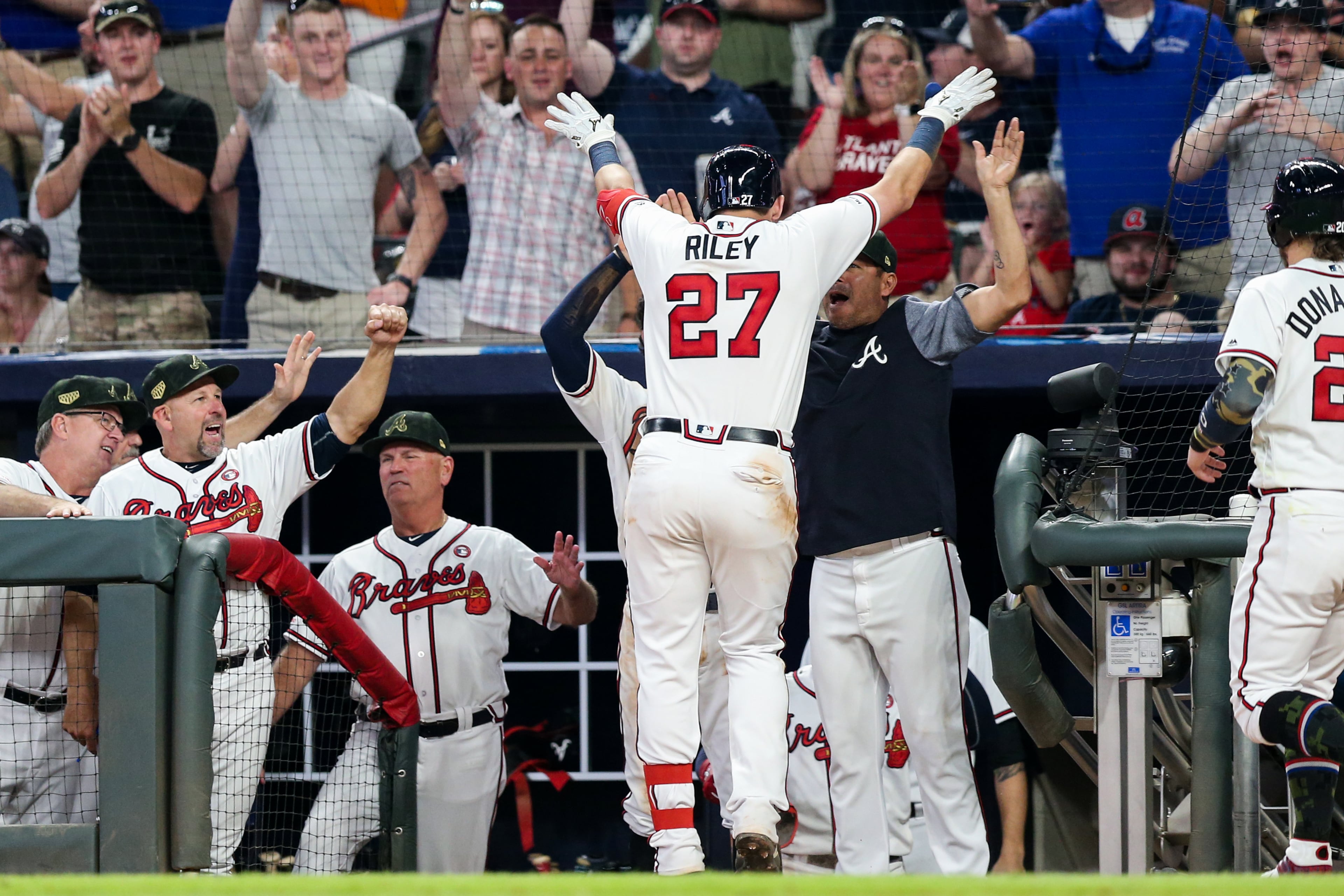 Austin Riley #27 of the Atlanta Braves heads to the dugout after hitting a two run home run in the sixth inning during the game against the Milwaukee Brewers at SunTrust Park on May 18, 2019 in Atlanta, Georgia. (Photo by Carmen Mandato/Getty Images)