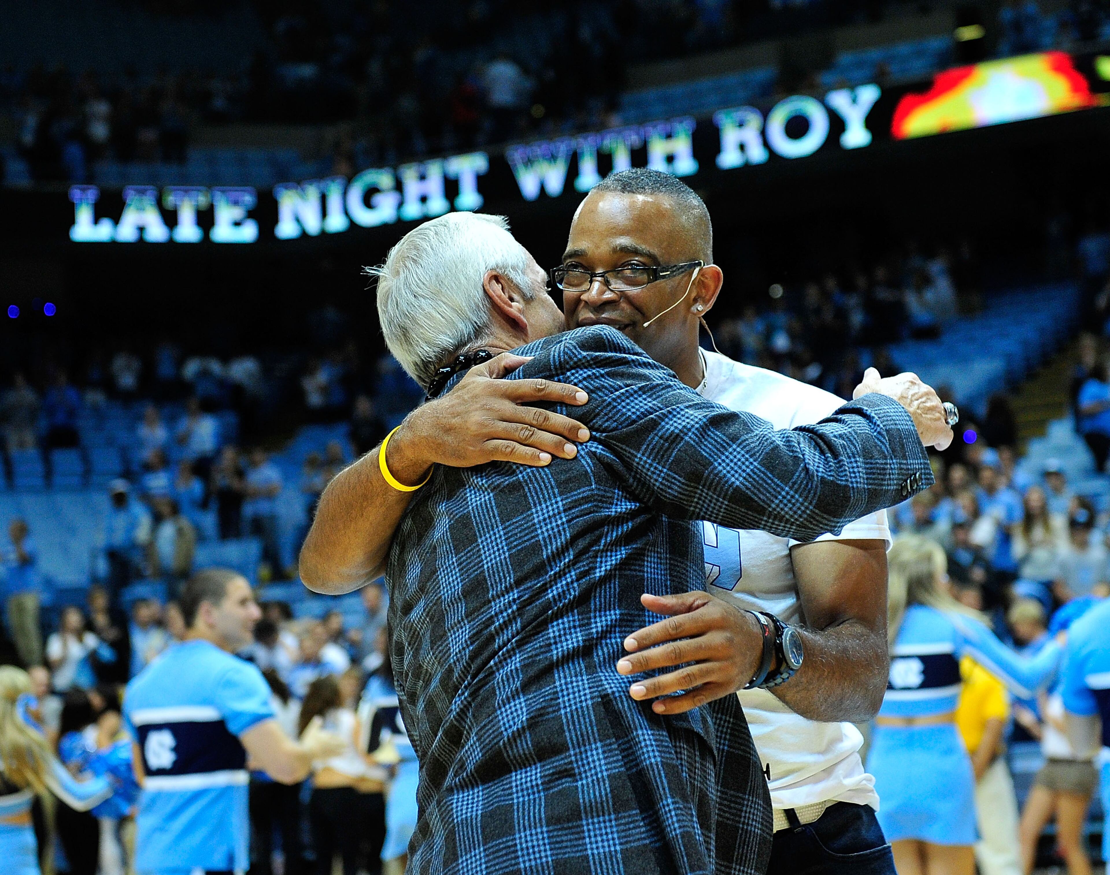 CHAPEL HILL, NC - OCTOBER 12: Coach Roy Williams of the North Carolina Tar Heels embraces ESPN anchor Stuart Scott after the team's annual Late Night with Roy season kickoff at the Dean Smith Center on October 12, 2012 in Chapel Hill, North Carolina. (Photo by Grant Halverson/Getty Images)