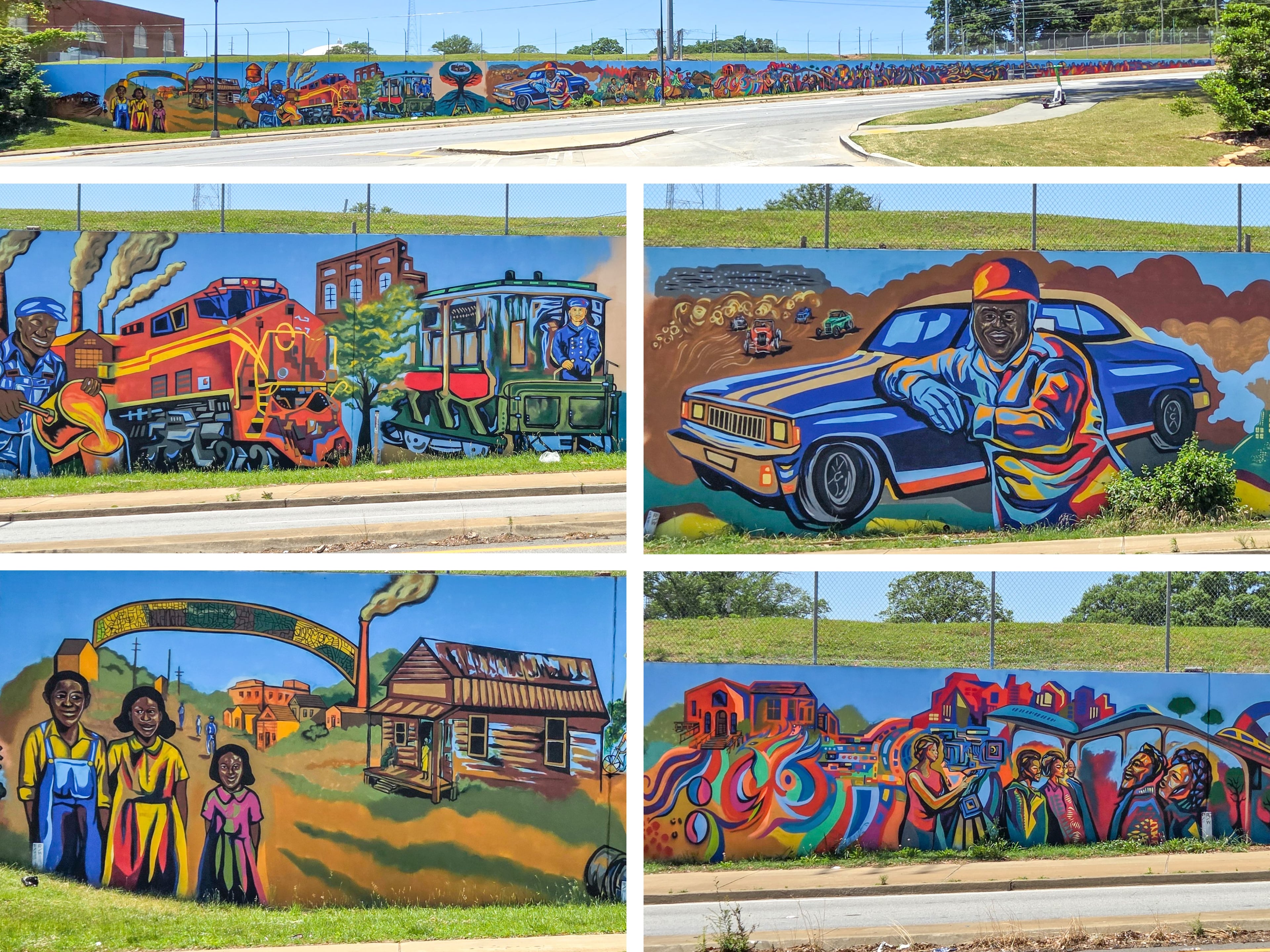 A photo composite of Corey Barksdale's untitled 429-foot-long mural, which traces the history of he founders of Atlanta’s Blandtown neighborhood. (Courtesy of Arthur Rudick)