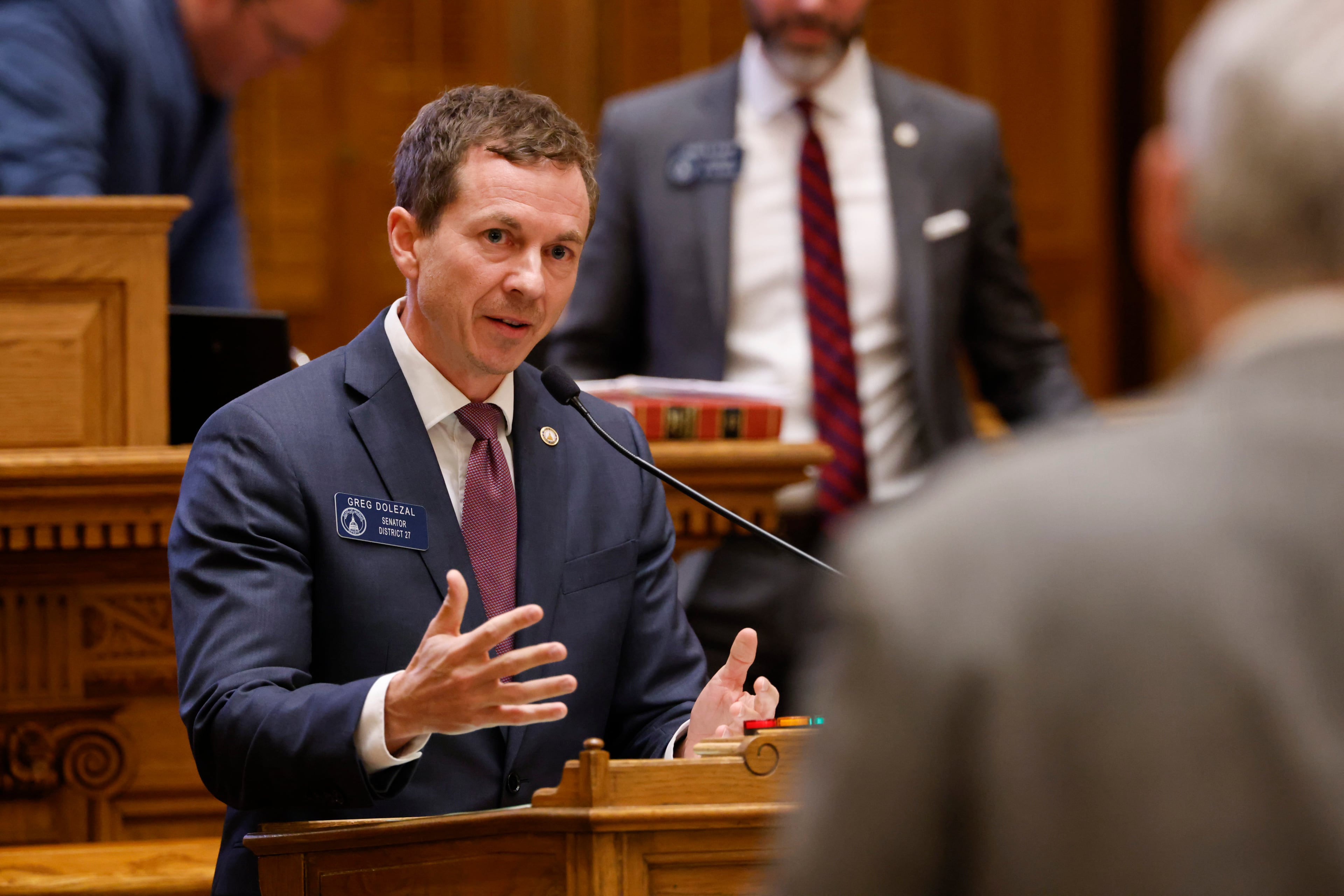 State Sen. Greg Dolezal, R-Cumming, who is running for lieutenant governor, speaks on Senate Bill 568, an election bill, at the Capitol in Atlanta on Crossover Day, Friday, March 6, 2026. (Arvin Temkar/AJC)