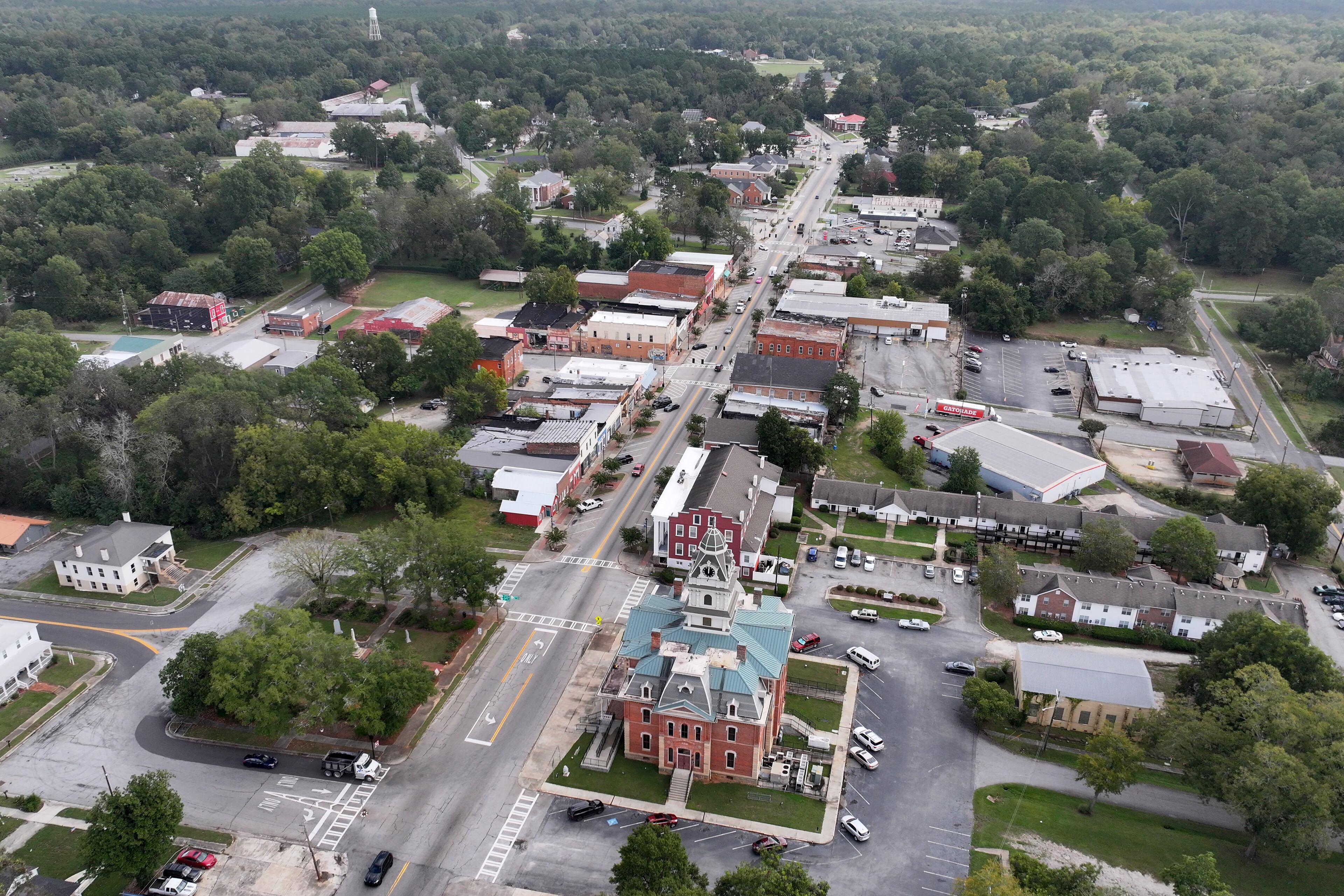 Aerial photo shows downtown Sparta, Tuesday, October 7, 2025. Hancock County has one of the highest rates of childhood food insecurity in the country. (Hyosub Shin/AJC)