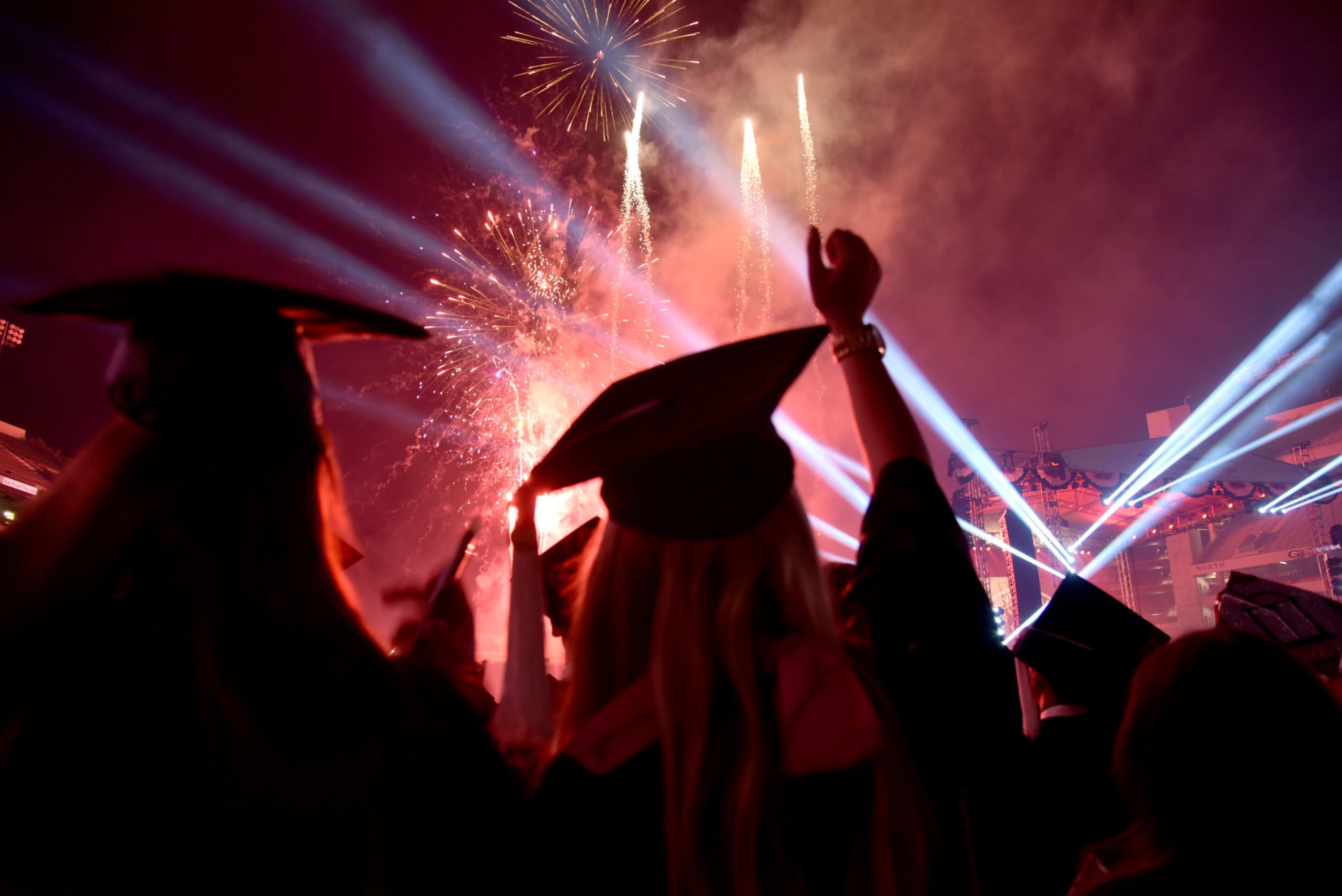 GRADUATION FIREWORKS--May 13, 2016 Athens, GA: Fireworks conclude the 2016 Spring Commencement at UGA Friday May 13, 2016. American Idol host Ryan Seacrest delivered the Commencement Address in addition to receiving an honorary Doctor of Humane Letters degree. Seacrest, who grew up in Dunwoody, attended UGA briefly before pursuing a broadcasting career. More than 5,500 graduates were eligible to participate in the ceremony. BRANT SANDERLIN/BSANDERLIN@AJC.COM