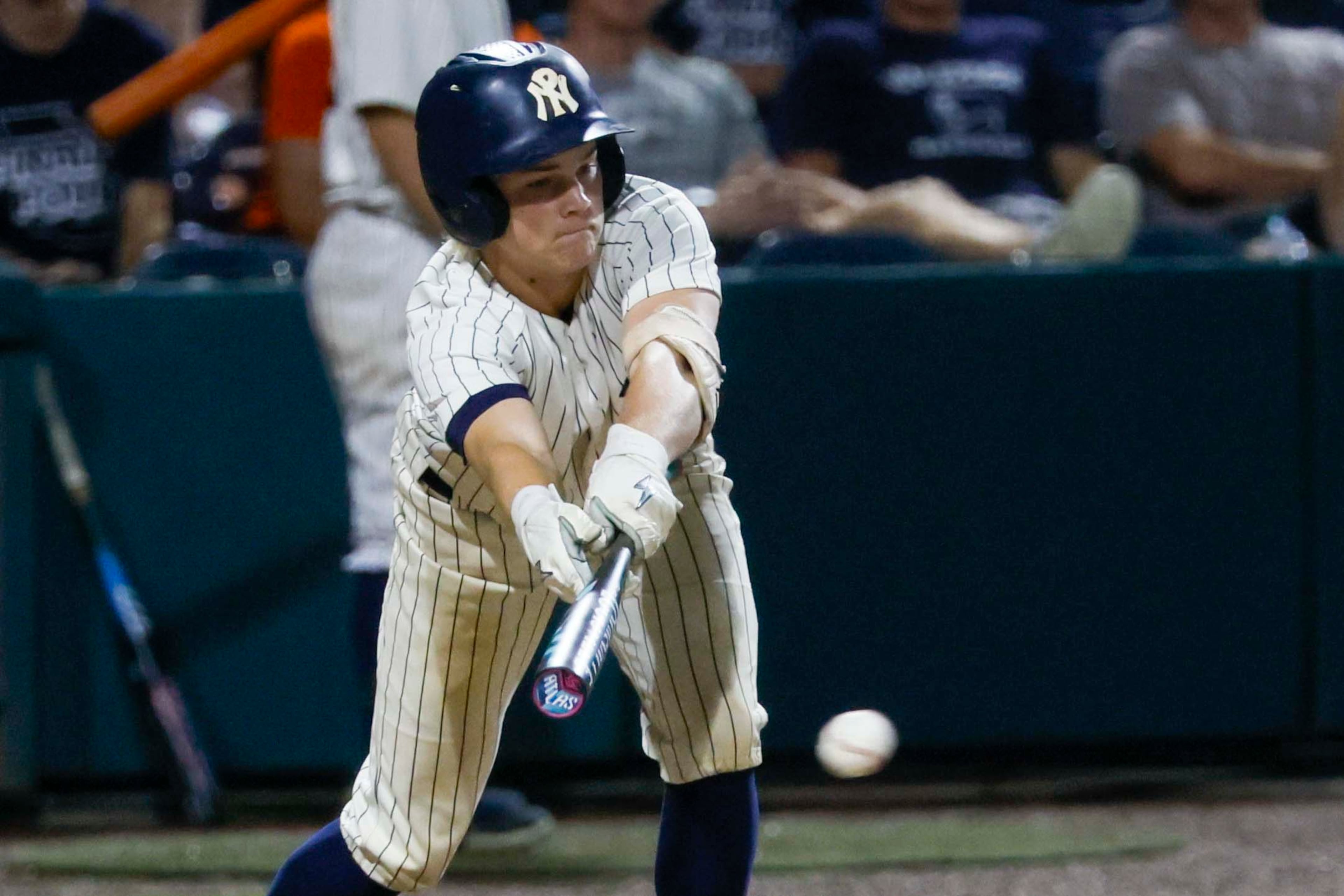 North Paulding Wolfpack first baseman Luke Dolsen reaches for an unsuccessful bunt during the second inning of Game 1 of the Class 6A GHSA baseball finals at Gwinnett Field on Tuesday, May 26, 2026, in Lawrenceville, Ga. (Miguel Martinez/AJC)