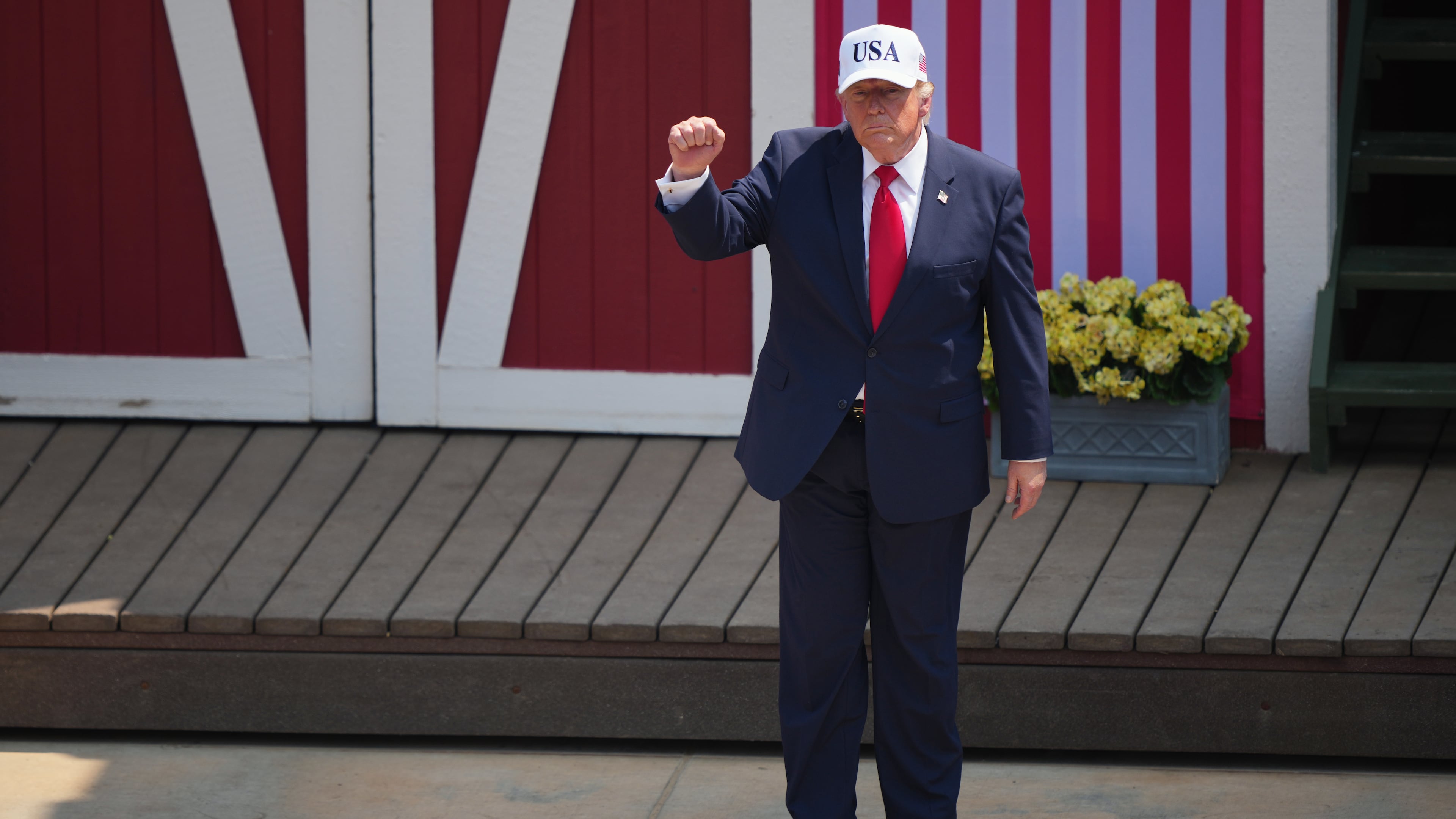President Donald Trump leaves the stage after speaking at the Burning Hills Amphitheater during the Theodore Roosevelt Presidential Library opening ceremony Wednesday, July 1, 2026. (AP Photo/Matt Rourke)