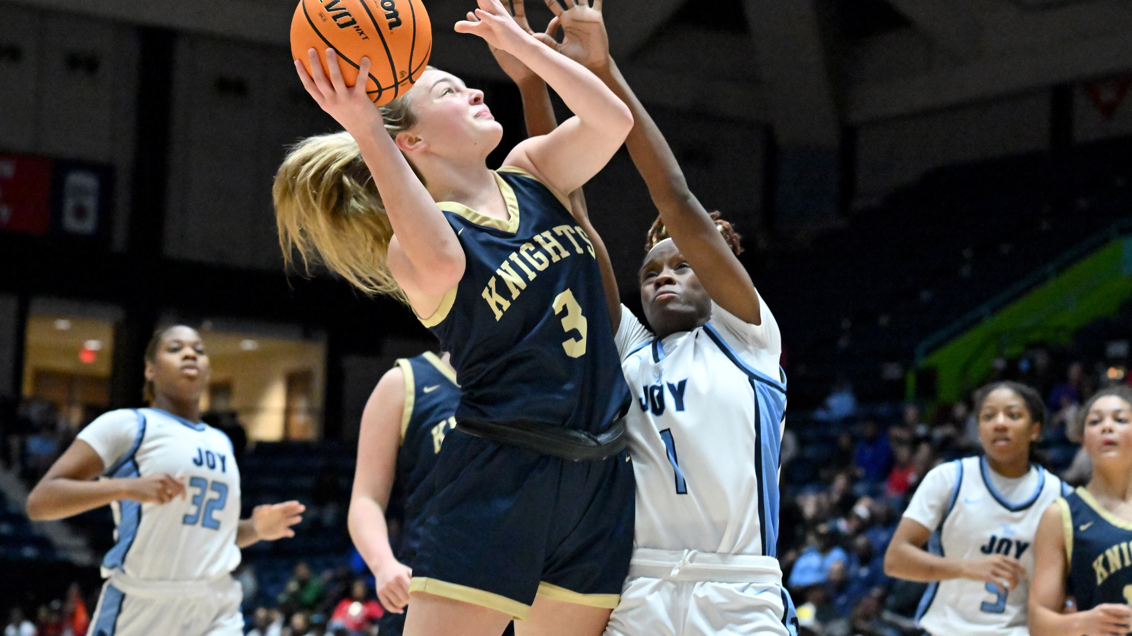 River Ridge's Sophia Pearl (3) shoots against Lovejoy's Bryanna Preston (1) during 2023 GHSA Basketball Class 6A Girl’s State Championship game at the Macon Centreplex, Friday, March 10, 2023, in Macon, GA. River Ridge won 68-50 over Lovejoy. (Hyosub Shin / Hyosub.Shin@ajc.com)