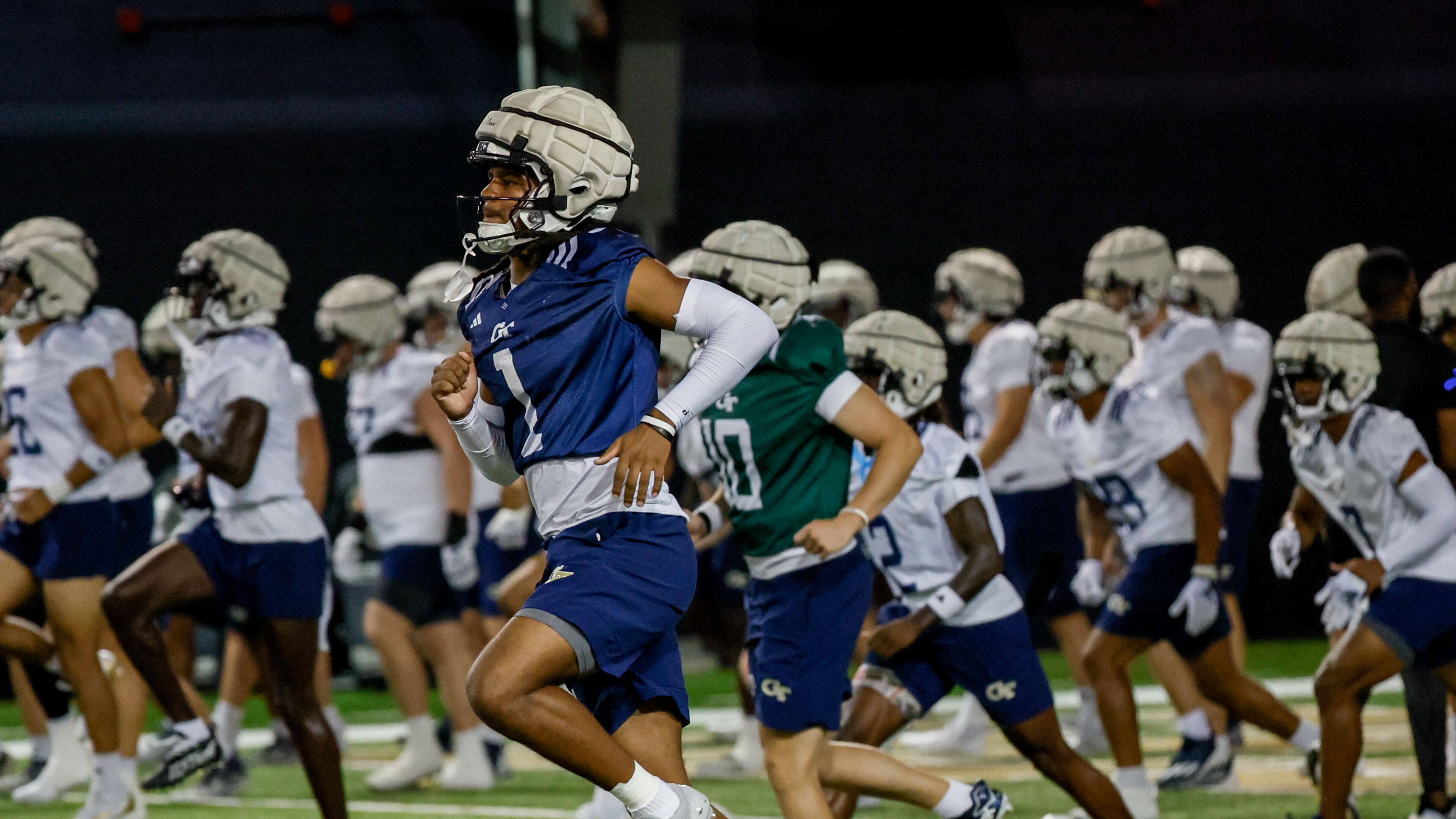 Georgia Tech safety LaMiles Brooks (1) is seen working on a drill during the second day of football practice at the Brock Indoor Practice Facility on Thursday, July 25, 2024, in Atlanta. (Miguel Martinez / AJC)