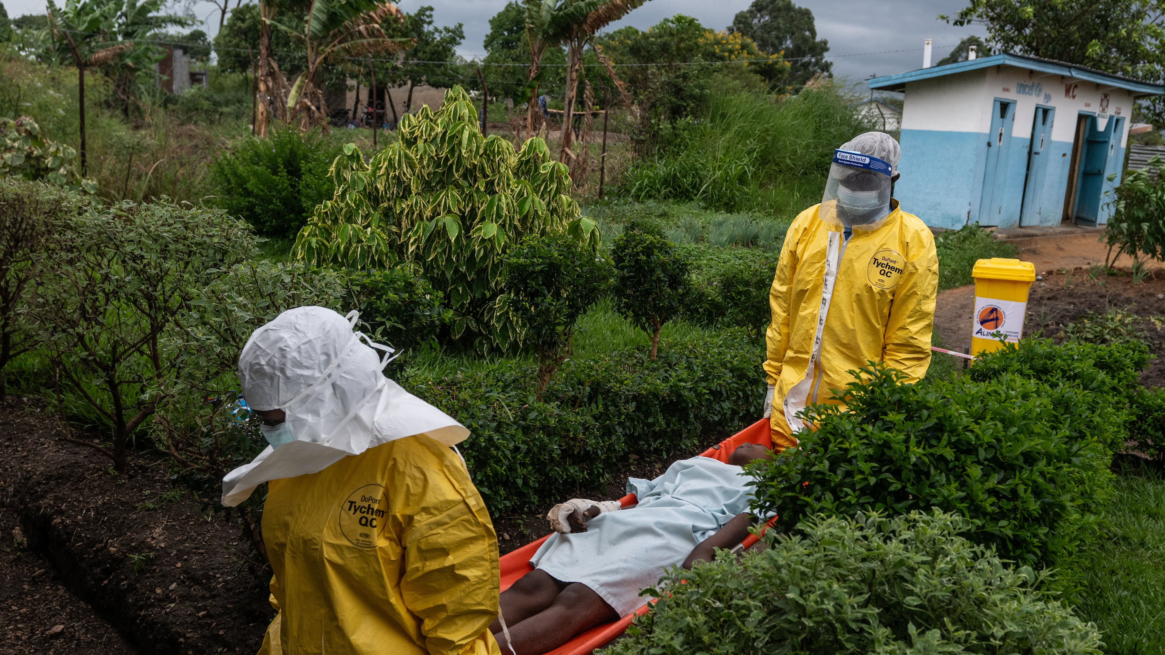 FILE - Medical staff carry an Ebola patient to a treatment center in Rwampara, Congo, Thursday, May 21, 2026. (AP Photo/Moses Sawasawa, file)