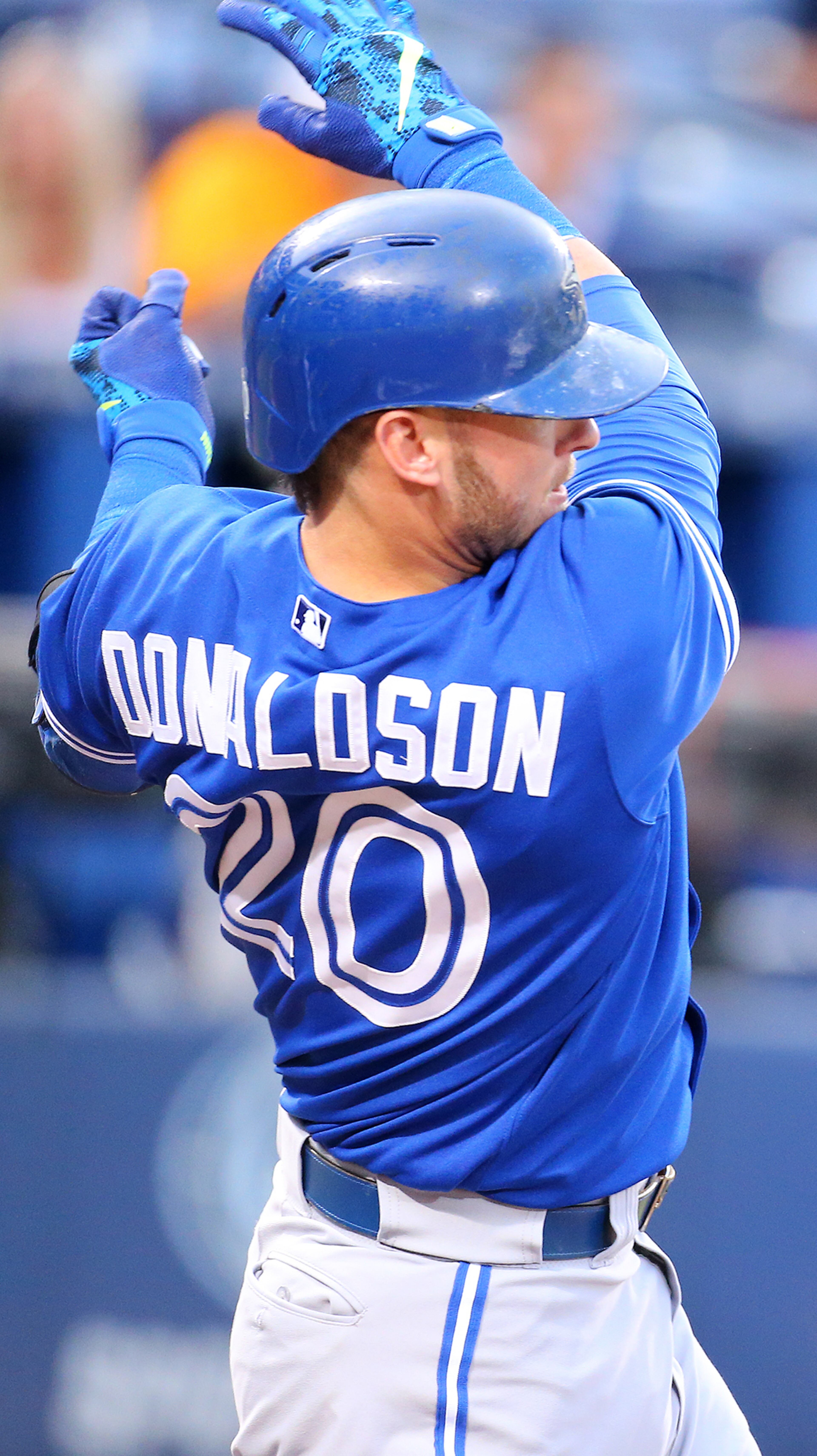 Blue Jays Josh Donaldson loses his bat into the crowd during the first inning against the Braves in a baseball game on Tuesday, Sept. 15, 2015, in Atlanta. Curtis Compton / ccompton@ajc.com