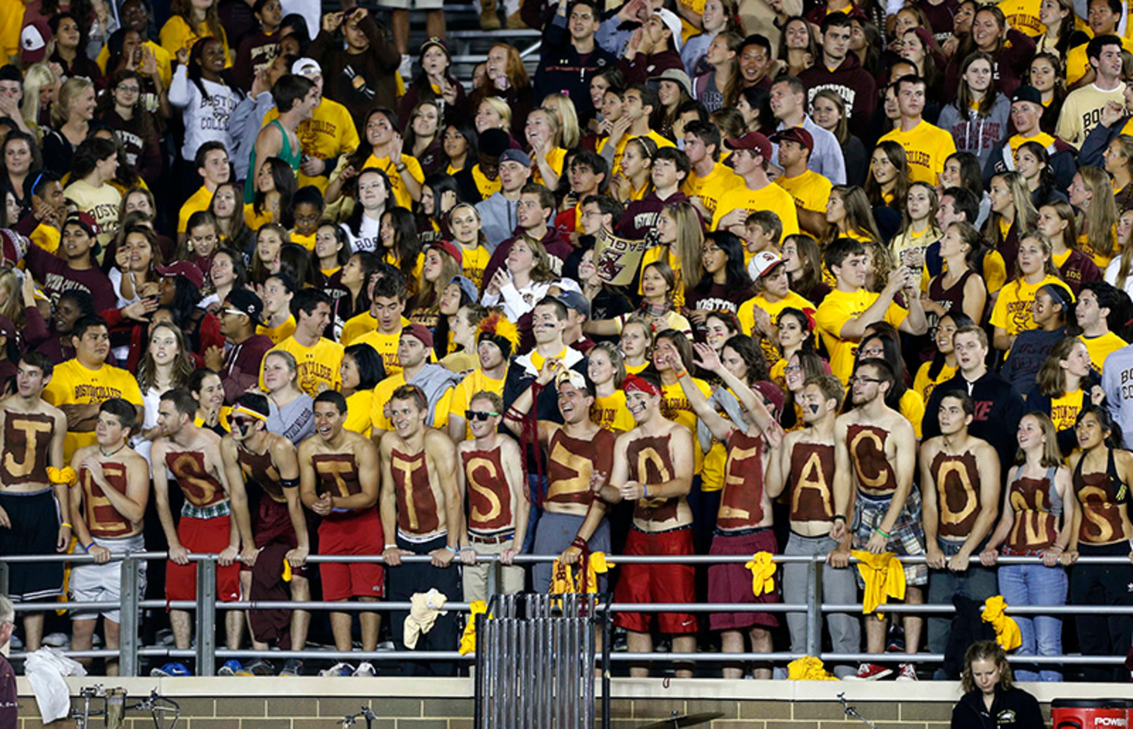 Boston College fans in the first quarter of an NCAA college football game against Wake Forest in Boston, Friday, Sept. 6, 2013.