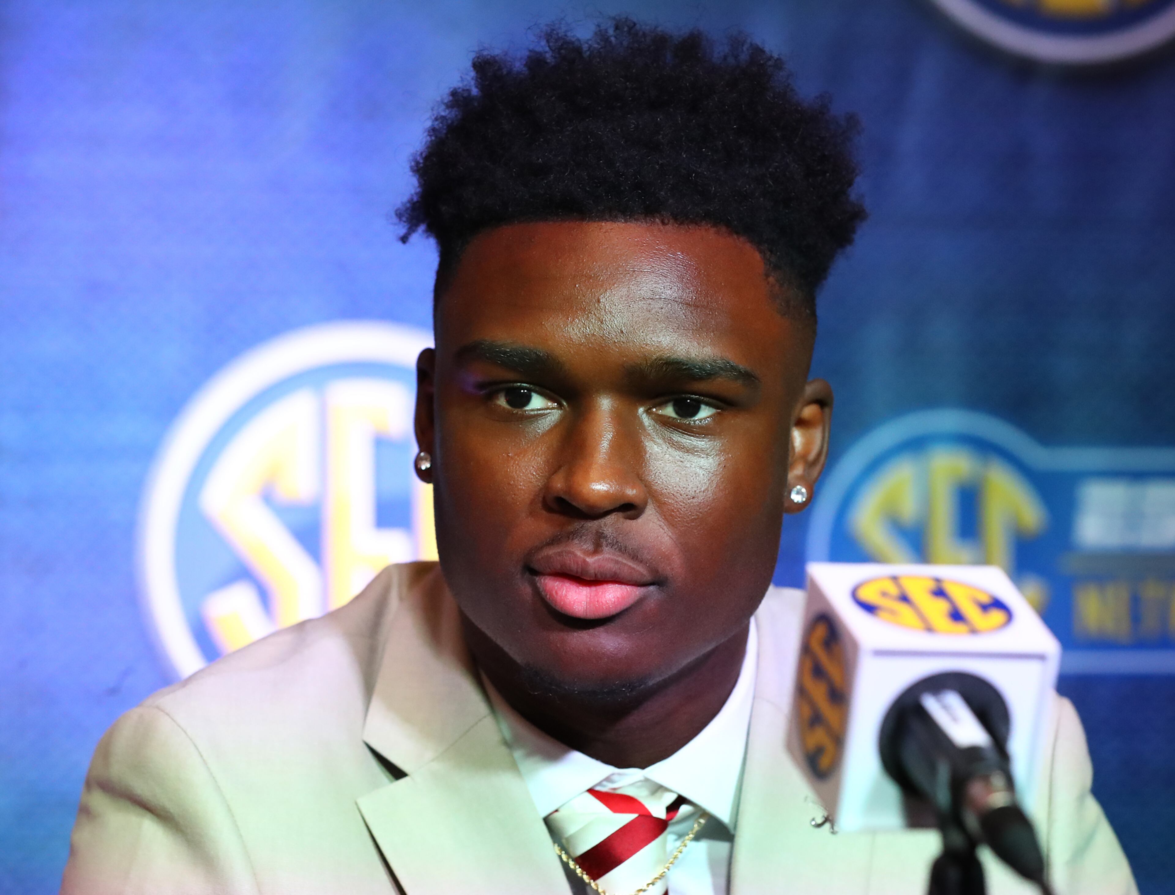 Alabama defensive back Jordan Battle takes questions at SEC Media Days in the College Football Hall of Fame on Tuesday, July 19, 2022, in Atlanta. “Curtis Compton / Curtis Compton@ajc.com”