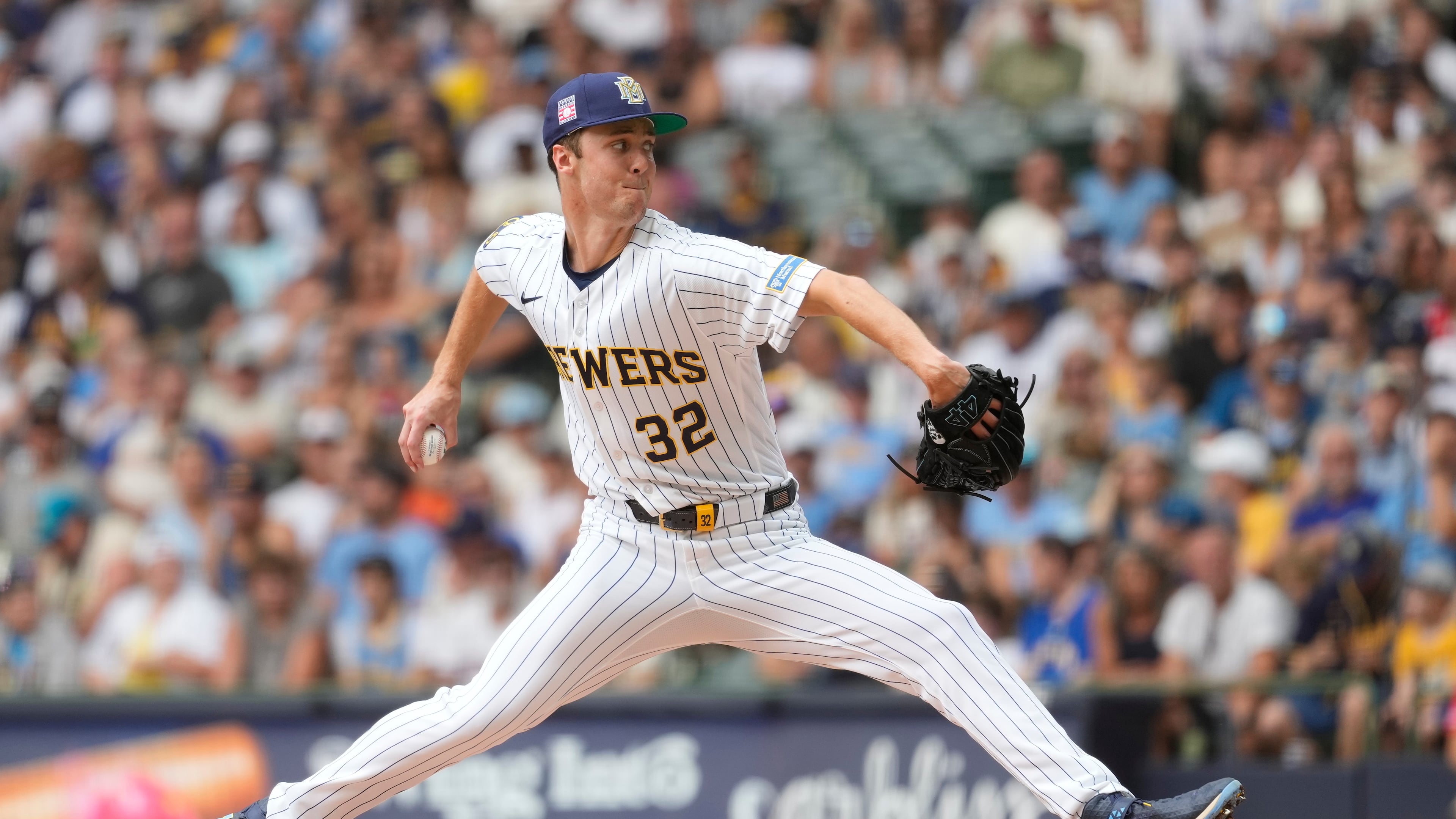 Milwaukee Brewers' Jacob Misiorowski pitches during the first inning of a baseball game against the Colorado Rockies, Sunday, July 26, 2026, in Milwaukee. (AP Photo/Aaron Gash)