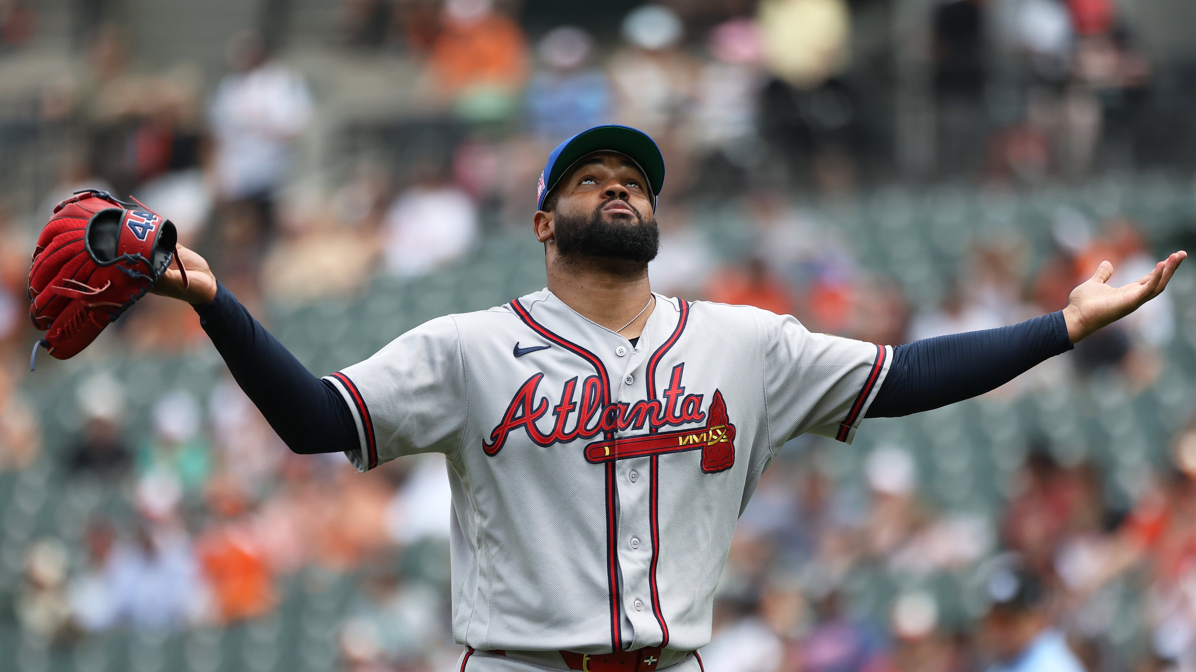 Atlanta Braves pitcher Reynaldo Lopez celebrates during the first inning of a baseball game against the Baltimore Orioles, Sunday, July 26, 2026, in Baltimore. (AP Photo/Daniel Kucin Jr.)