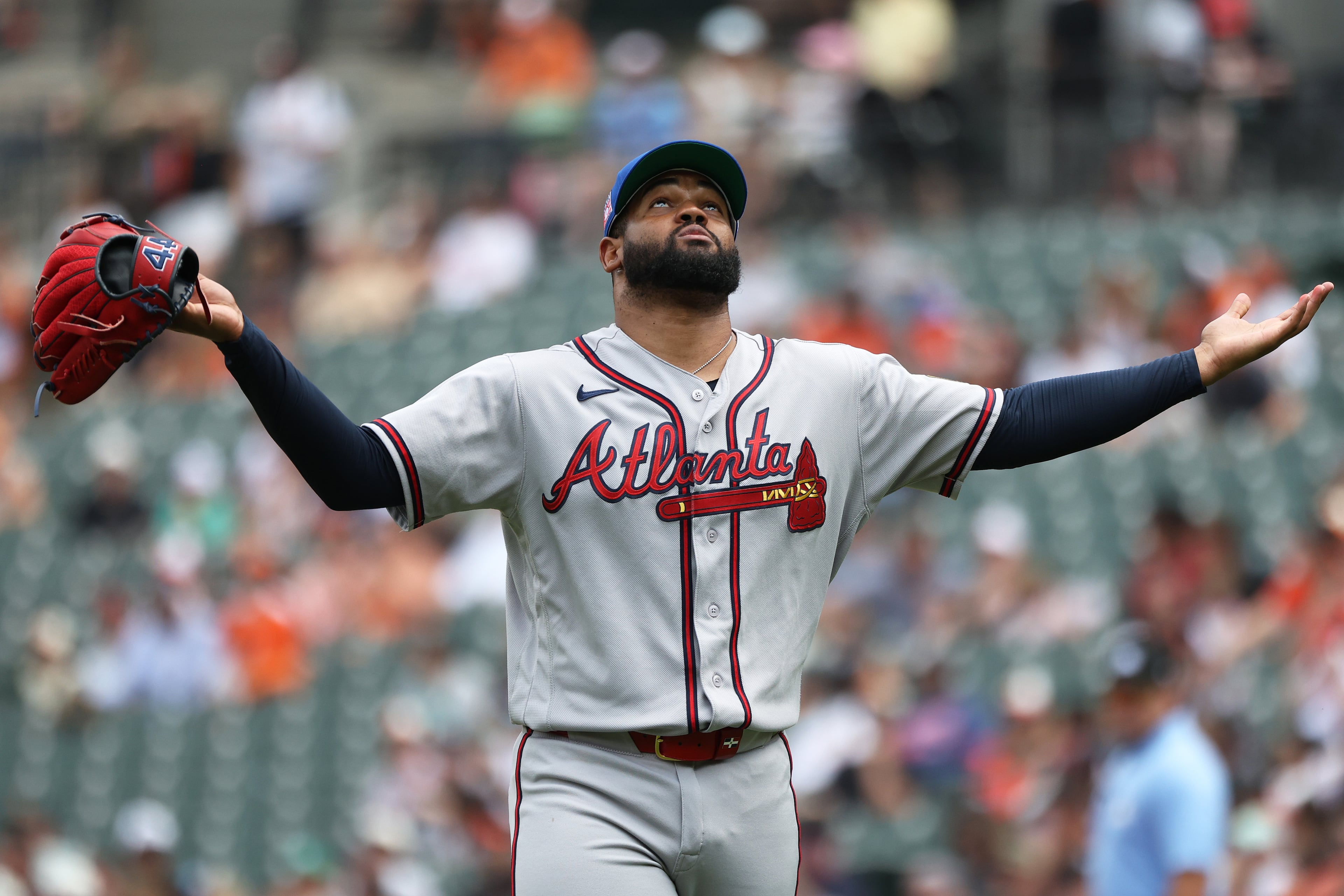 Braves pitcher Reynaldo López thanks the baseball gods during a July start in Baltimore. (Daniel Kucin Jr./AP)
