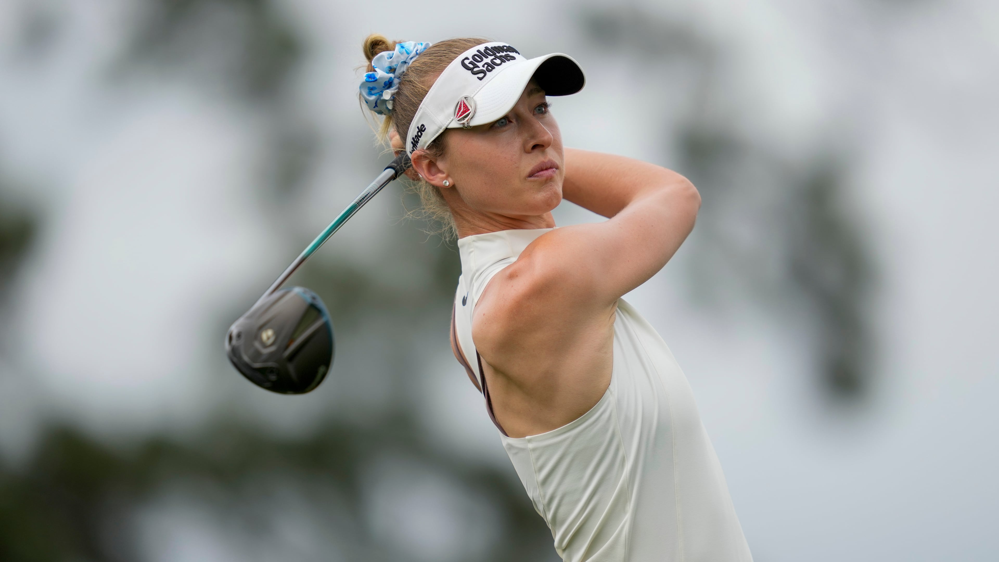 Nelly Korda hits from the fourth tee during the first round of the Chevron Championship LPGA golf tournament Thursday, April 23, 2026, in Houston. (AP Photo/Ashley Landis)