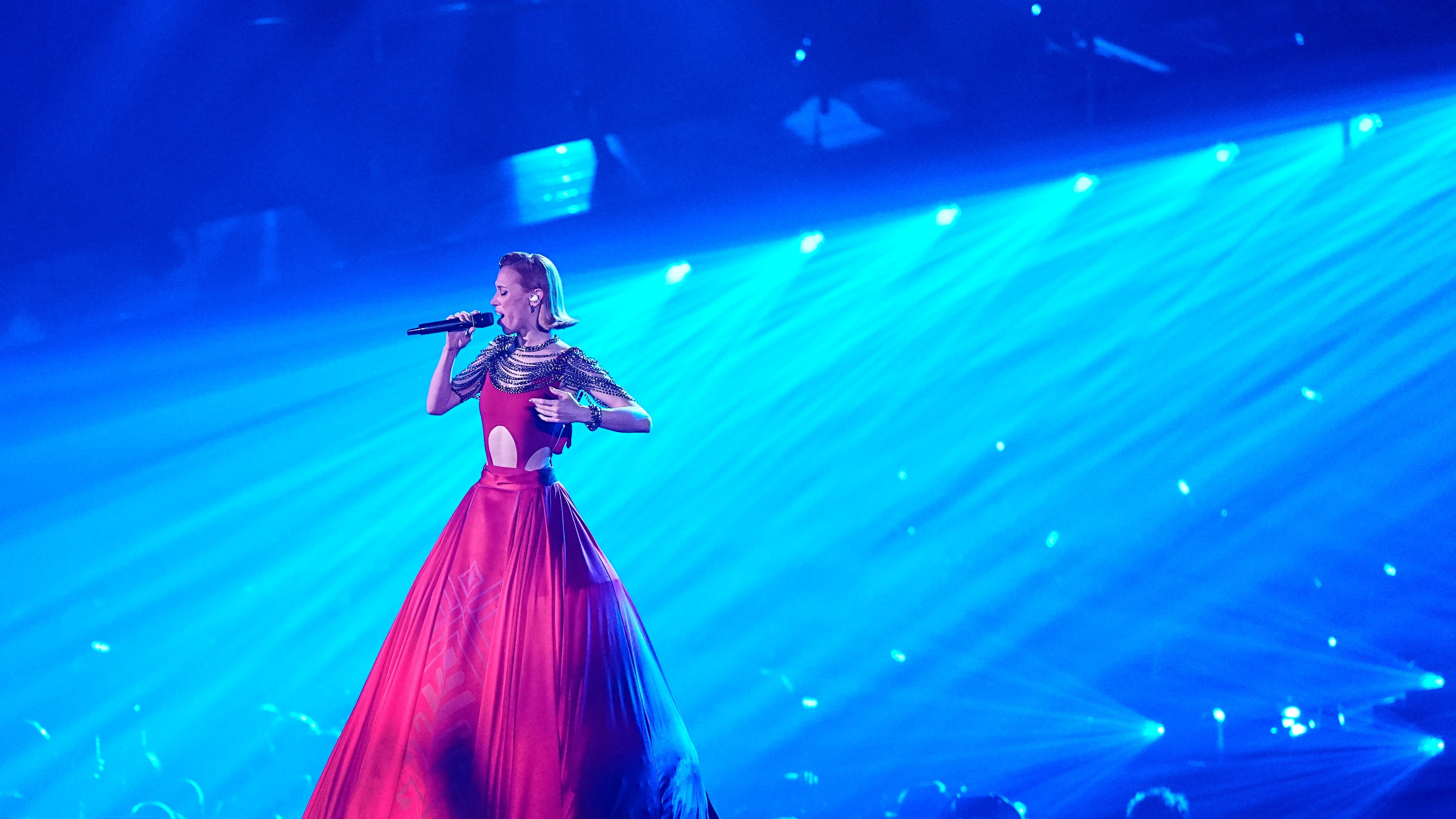 Aliona Moon sings "Viva Moldova" during her featured performance with Satoshi from Moldova during the dress rehearsal for the Grand Final of the 70th Eurovision Song Contest in Vienna, Austria, Friday, May 15, 2026. CORRECTS PERFORMERS NAME TO ALIONA MOON FROM SATOSHI. (AP Photo/Martin Meissner)