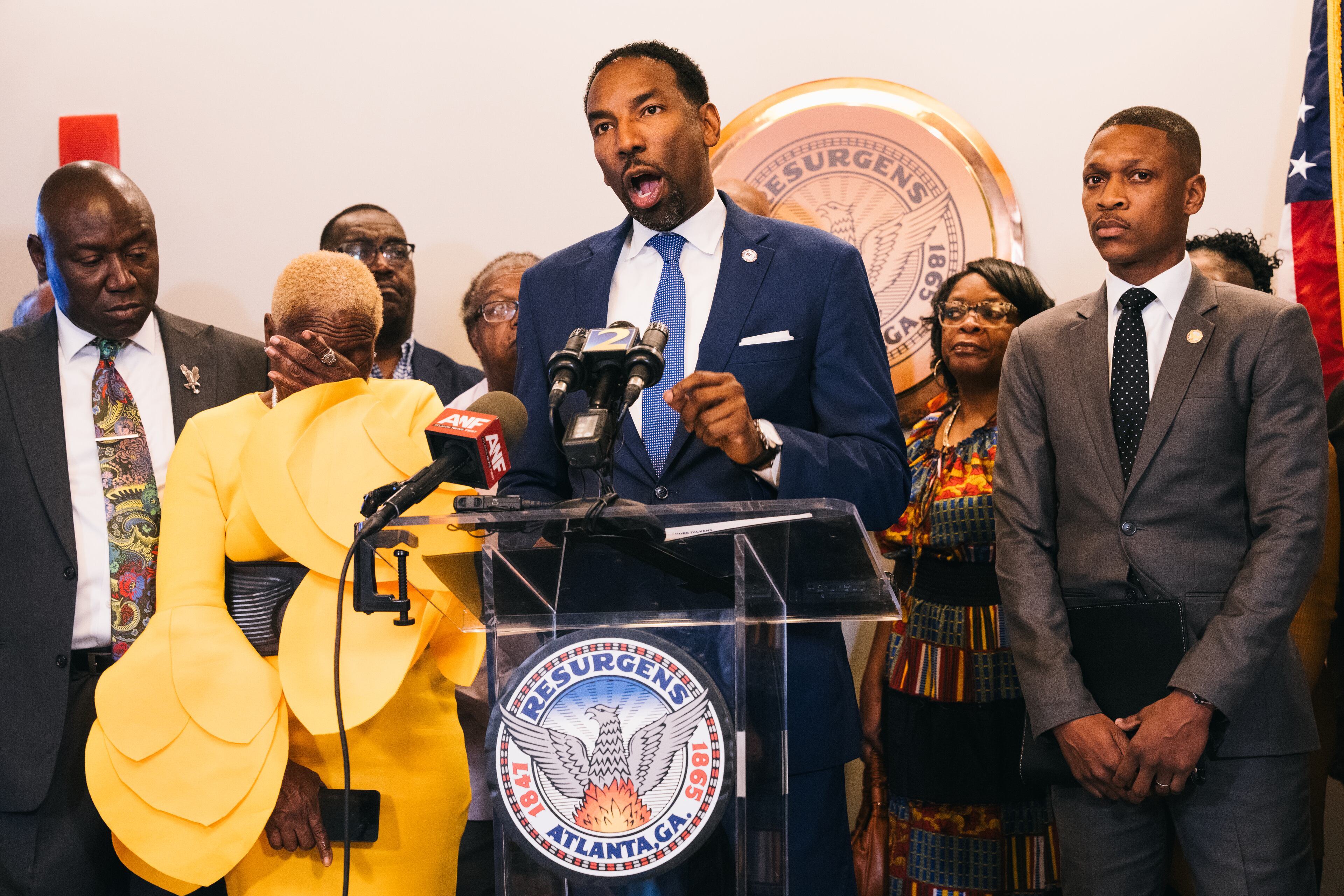 Atlanta Mayor Andre Dickens confronts the Millennia apartments management for mistreatment of its residents not only in the Forest Cove, but within Millennia's properties throughout the US. He warns them of an incoming lawsuit from the City of Atlanta at the Atlanta City Hall on Friday, Oct. 6, 2023. (Olivia Bowdoin for the AJC).