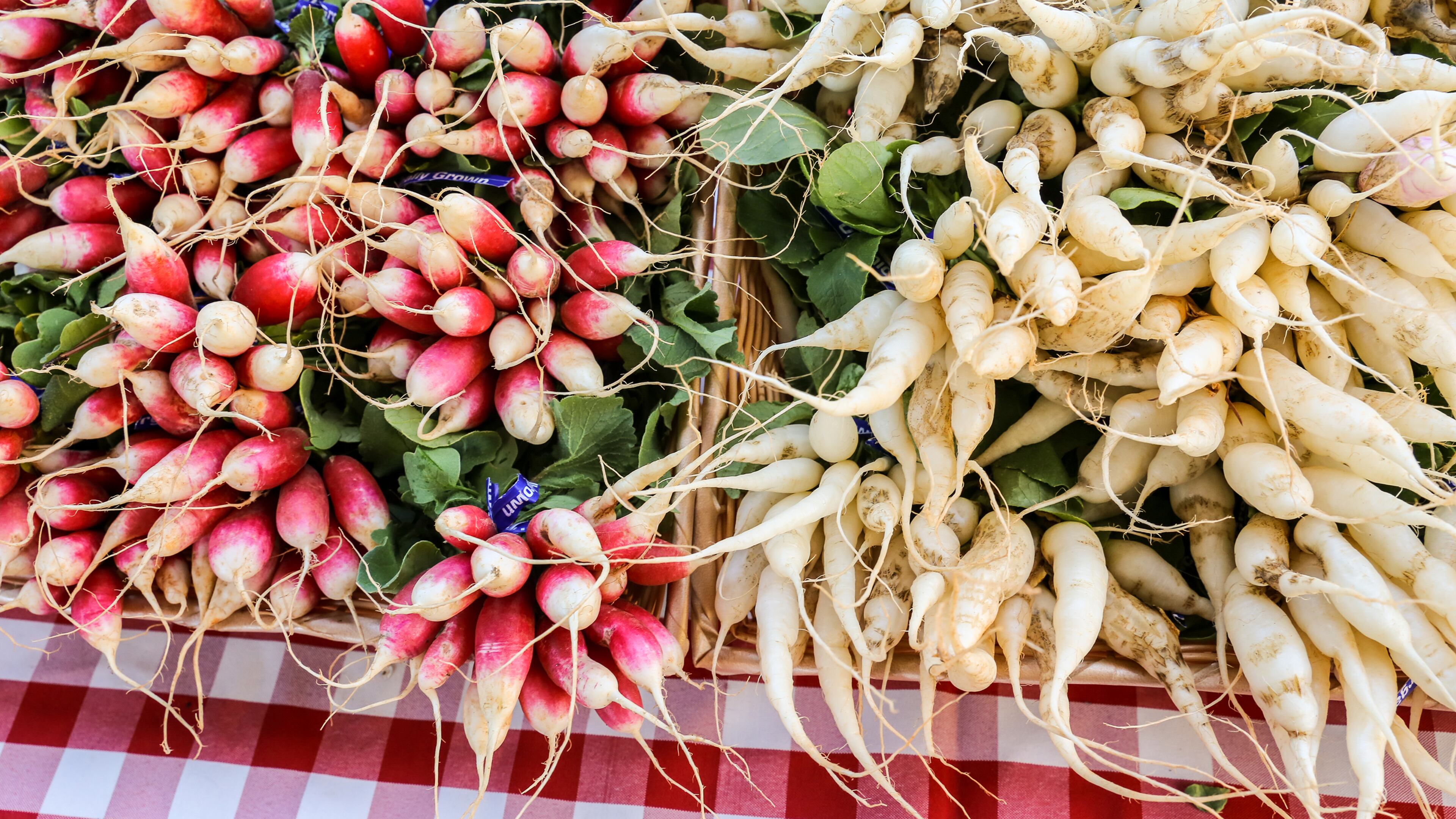 Leah Galante, MS, RDN, LD works as an outpatient dietitian for Northside Hospital and Georgia Tech and regularly shopts at the Peachtree Road Farmer's Market. She points out specific items available at local farmer's markets that offer healthy choices. Galante looks for a wide variety of colorful vegetables to provide antioxidents, nutients and healthy options. Turmeric, colorful lettuces, radishes, beets, garlic, ginger and dozens of other options are available. (Jenni Girtman / Atlanta Event Photography)