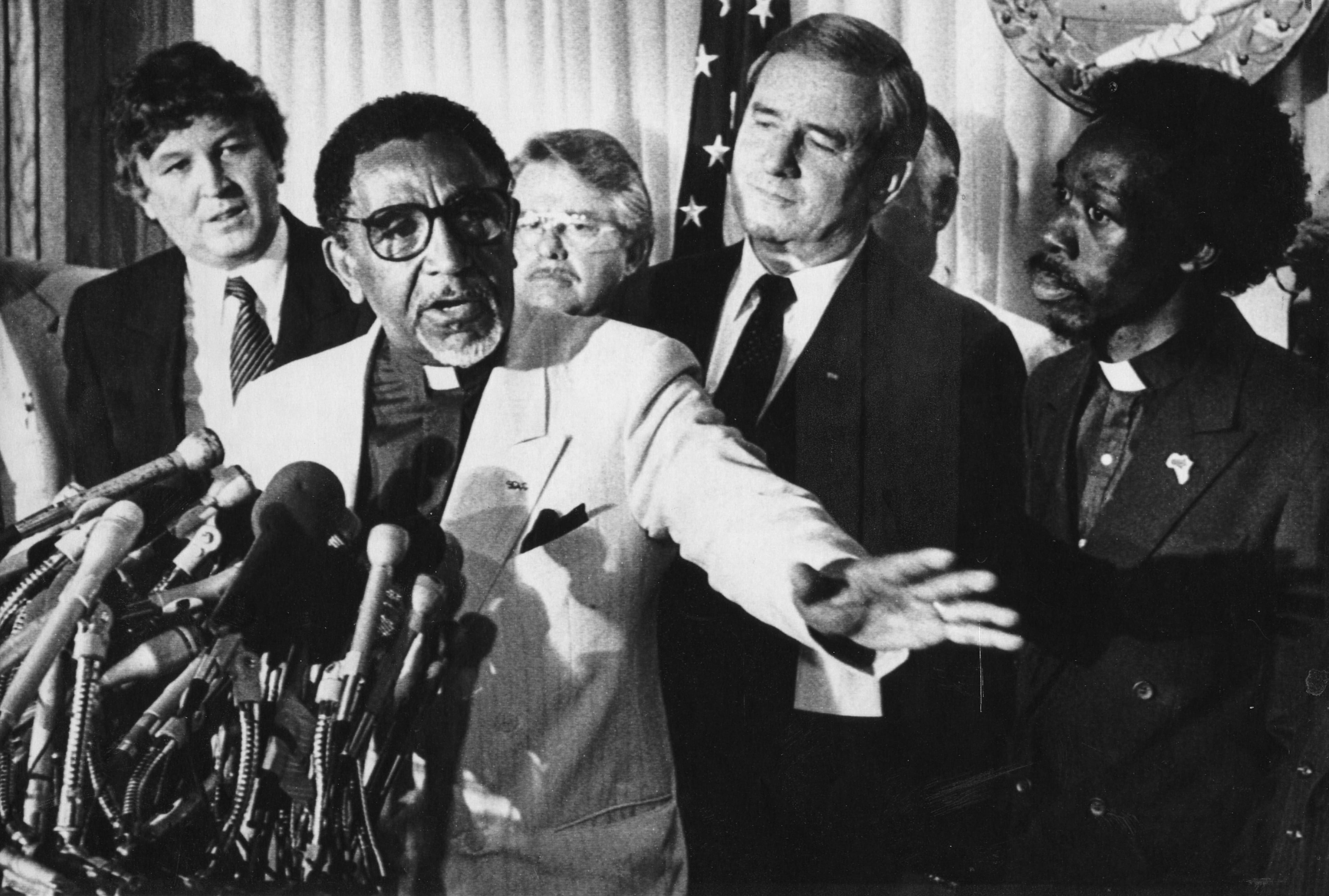 The Rev. Joseph Lowery answers a reporter's question during a press conference concerning religious freedom in the U.S. in 1985. (Rick McKay / Cox Washington Bureau