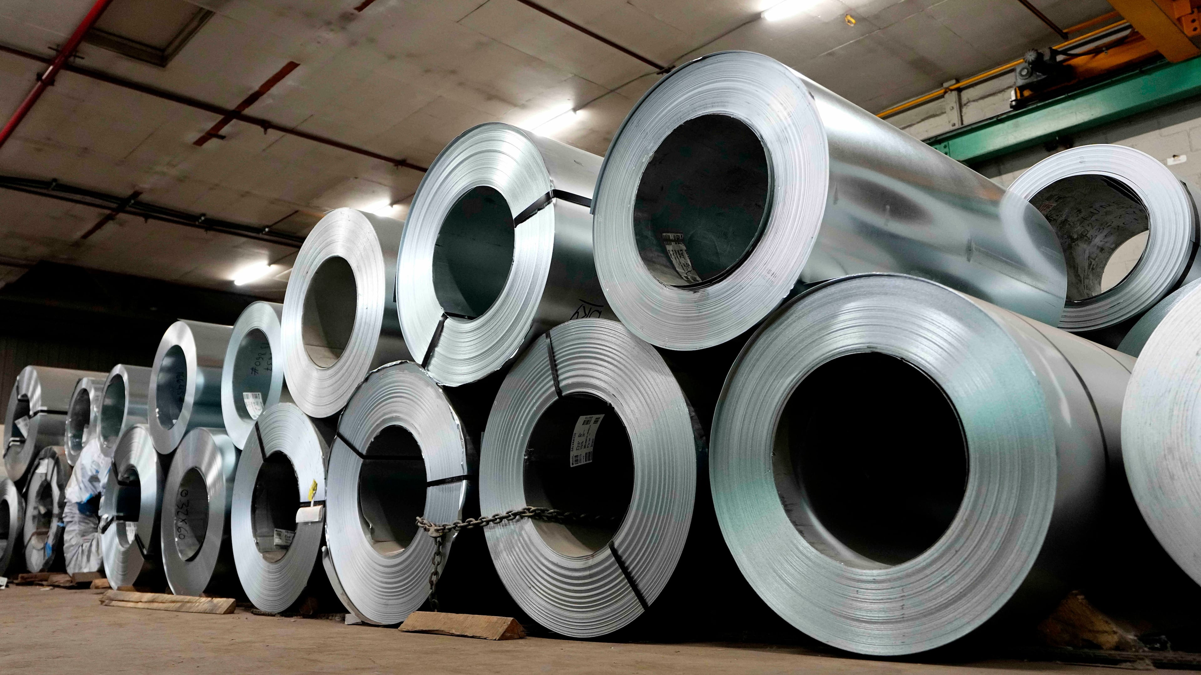 Steel coils, which will be made into roofing, siding and HVAC products, are seen in the manufacturing plant at Ideal Roofing in Ottawa, on Tuesday, Aug. 25, 2026. (Justin Tang/The Canadian Press via AP)