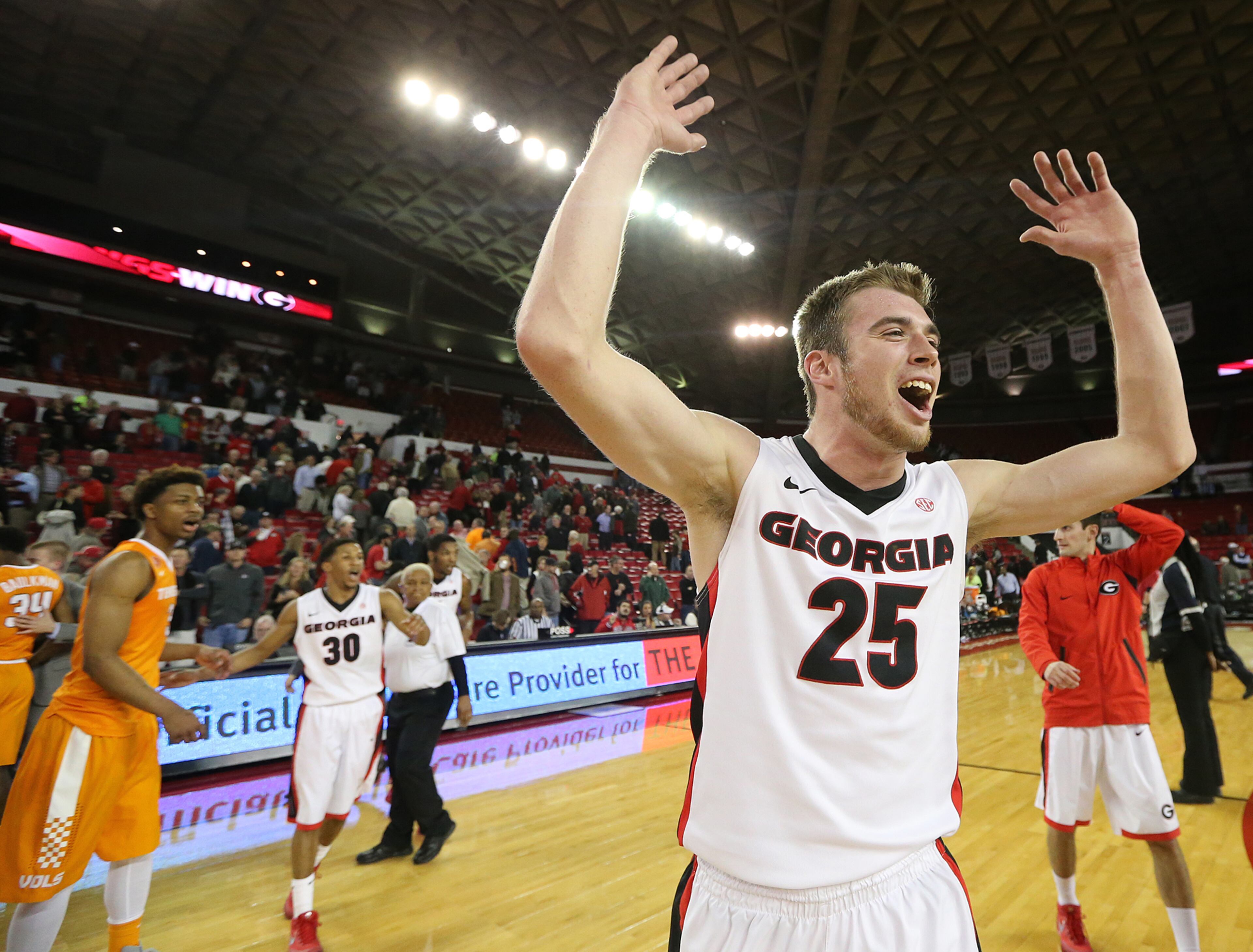 Georgia forward Kenny Paul Geno reacts as time expires in a 81-72 victory over Tennessee in a basketball game on Wednesday, Jan. 13, 2016, in Athens. Curtis Compton / ccompton@ajc.com