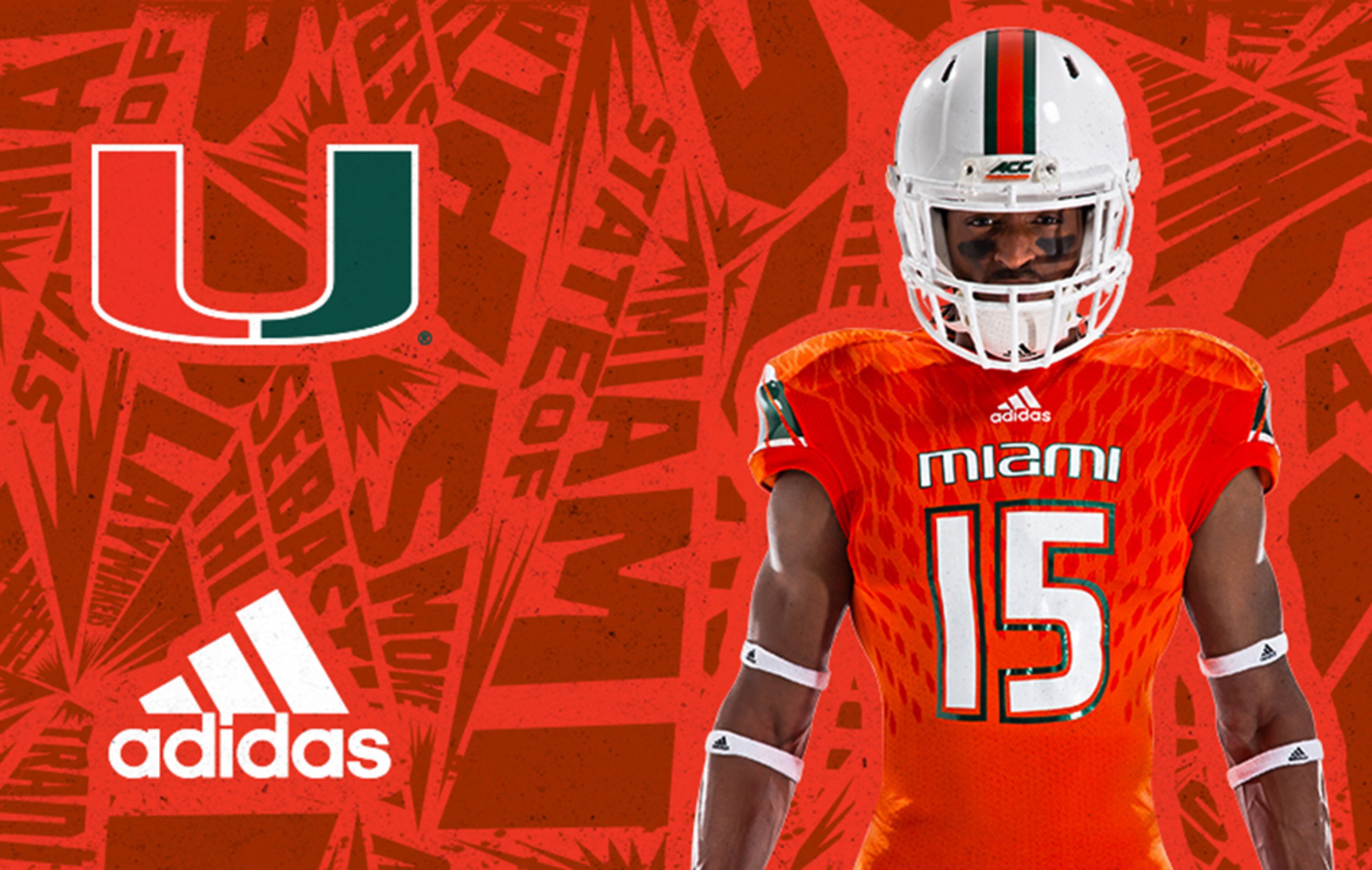The Miami Hurricanes will enter the 2015 season with new uniforms that are highlighted by updated metallic stripes on the jerseys and pants, incorporating hurricane style cuts and patterns.