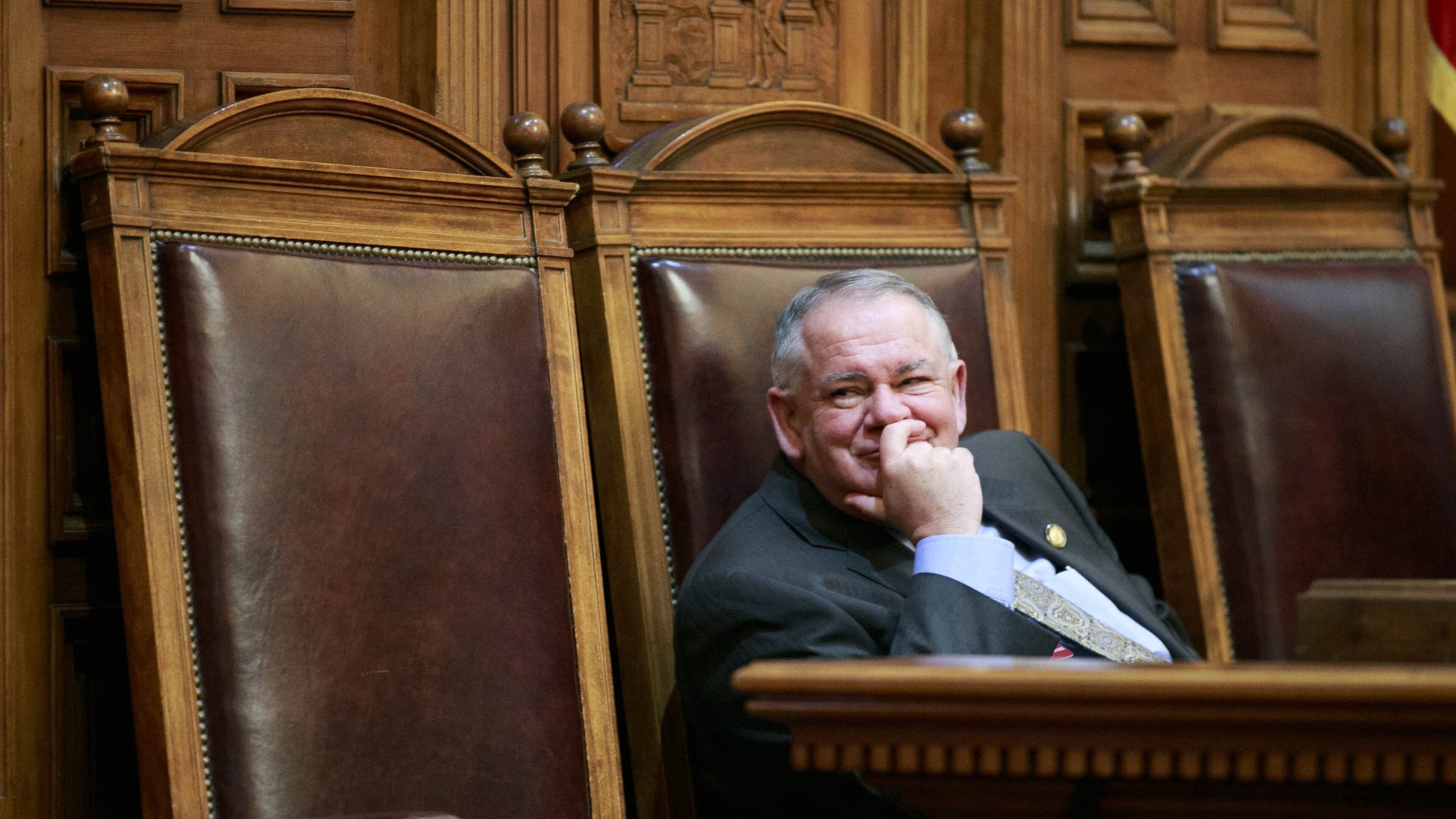 House Speaker David Ralston, R-Blue Ridge, talks with fellow lawmakers in the House Chambers during the 9th legislative day at the Georgia State Capitol on February 2. PHOTO / JASON GETZ