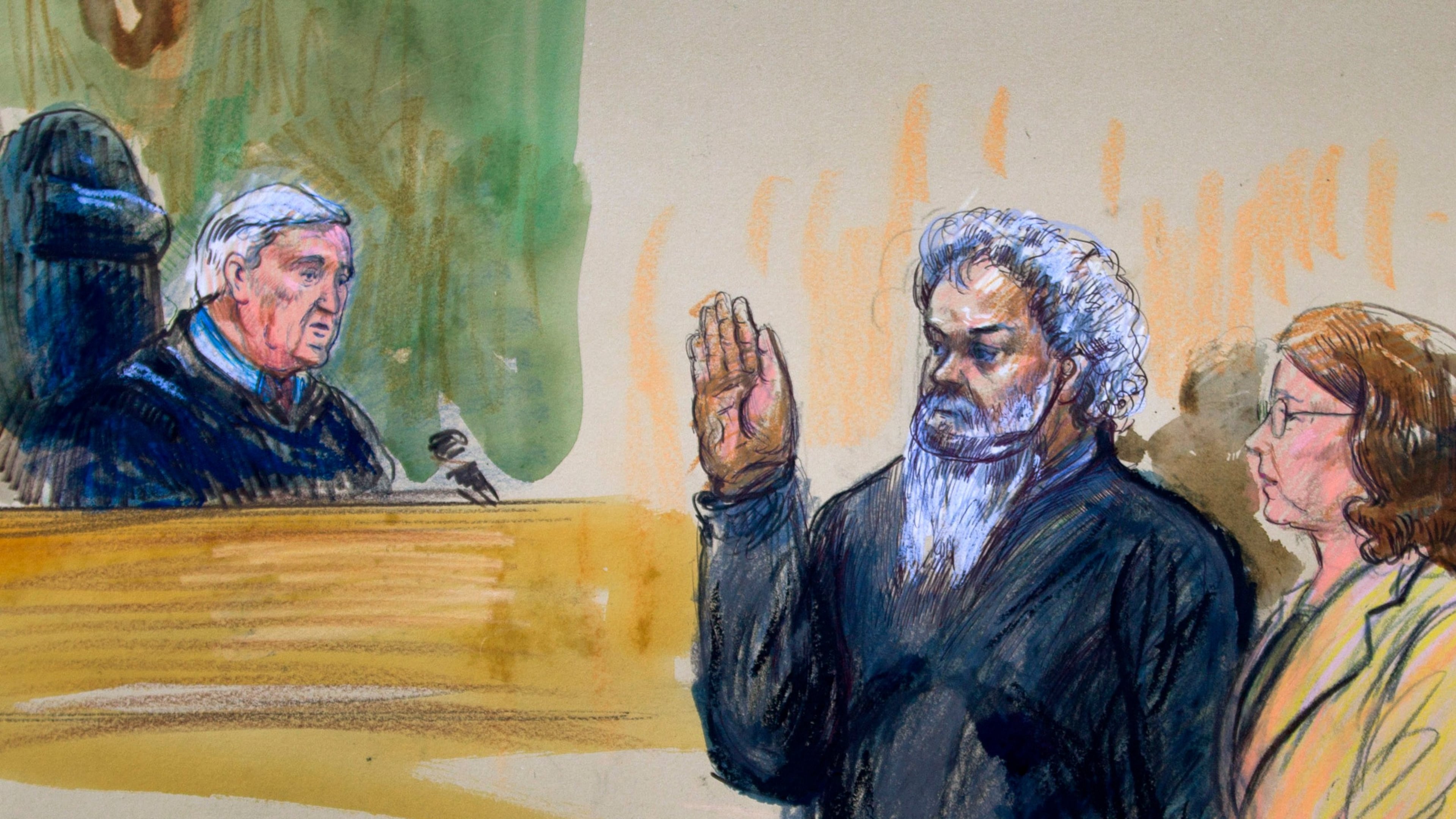 This June 28, 2014, artist's rendering shows United States Magistrate, Judge John Facciola, swearing in the defendant, Libyan militant Ahmed Abu Khatallah, wearing a headphone, as his attorney Michelle Peterson watches during a hearing at the federal U.S. District Court in Washington. (AP Photo/Dana Verkouteren)