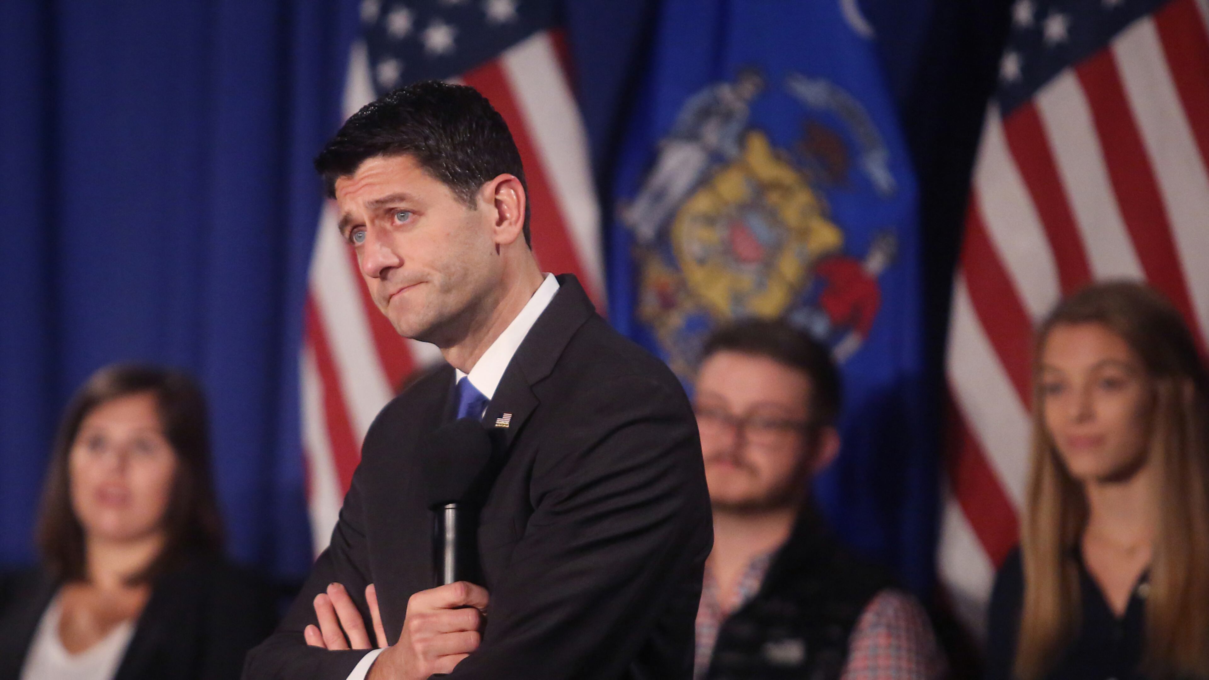 House Speaker Paul Ryan, R-Wis., listens to a question during an appearance with a group of College Republicans at the Masonic Center in Madison, Wis., Friday, Oct. 14, 2016. (John Hart/Wisconsin State Journal via AP)