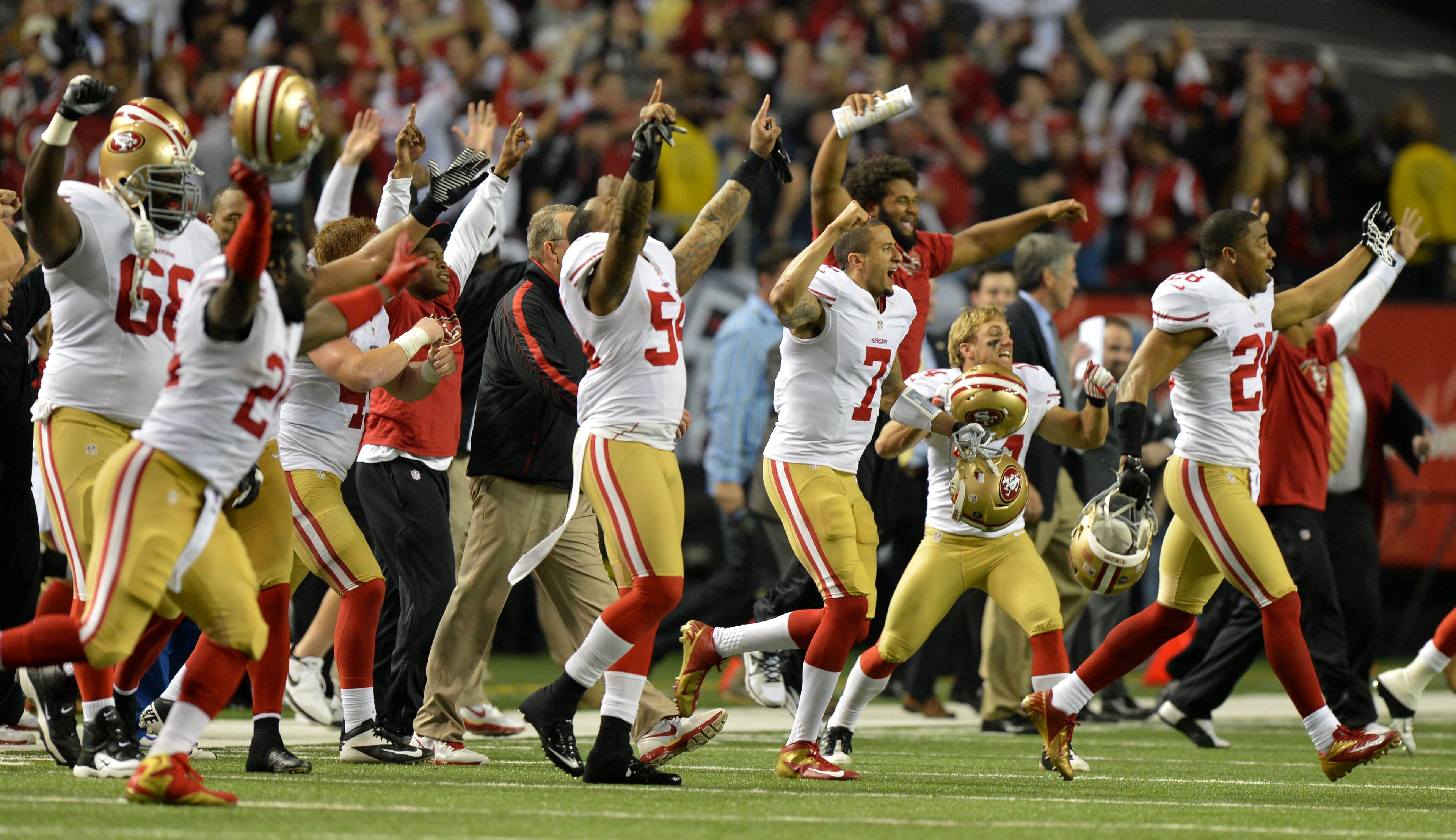 The San Francisco 49er's celebrate their win over the Atlanta Falcons in the NFC Championship at the Georgia Dome Sunday January 20, 2013. BRANT SANDERLIN / BSANDERLIN@AJC.COM