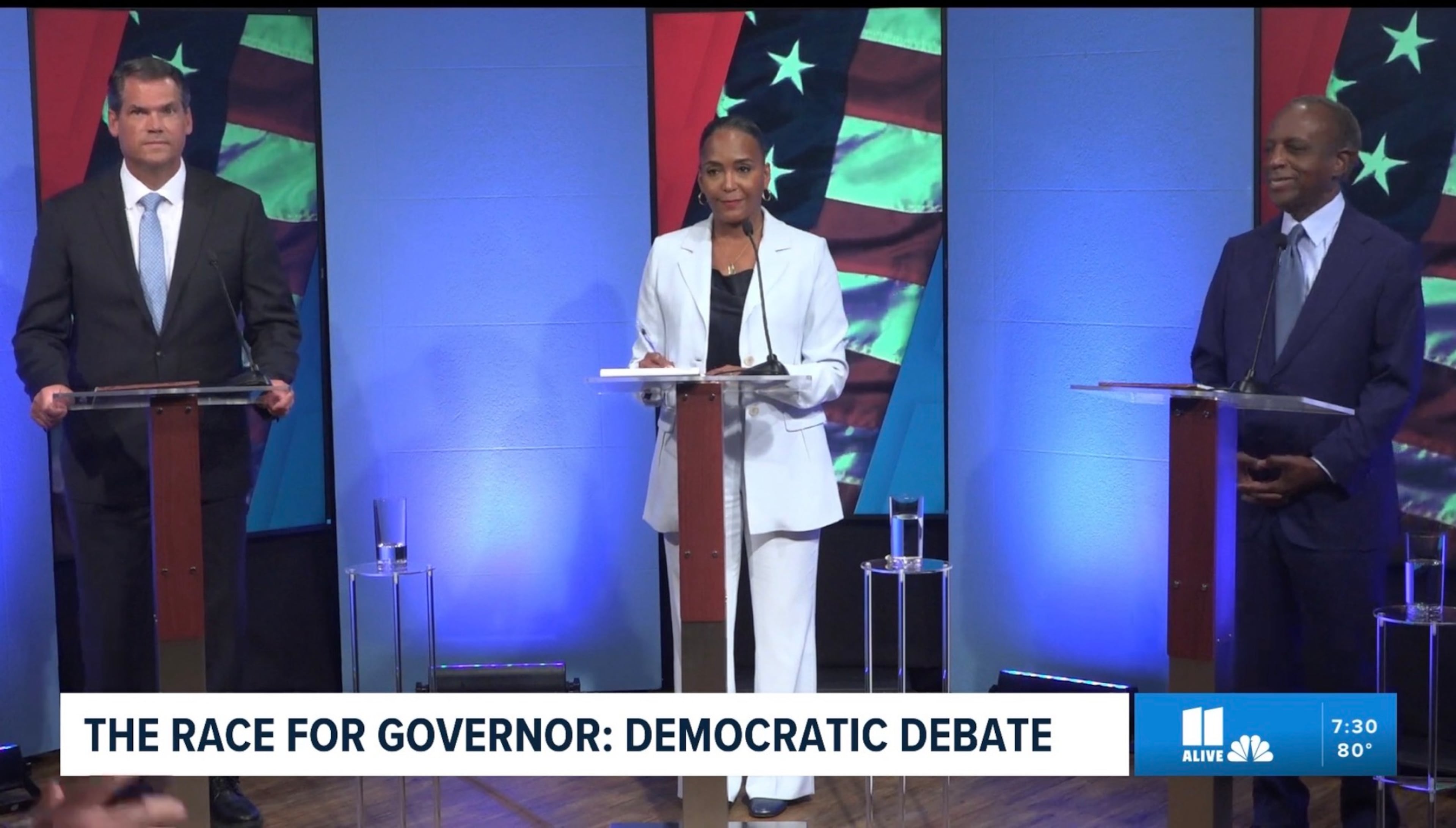 Former Lt. Gov. Geoff Duncan (From left), former Atlanta Mayor Keisha Lance Bottoms and former DeKalb Chief Executive Michael Thurmond debate one another April 15. (Screenshot)