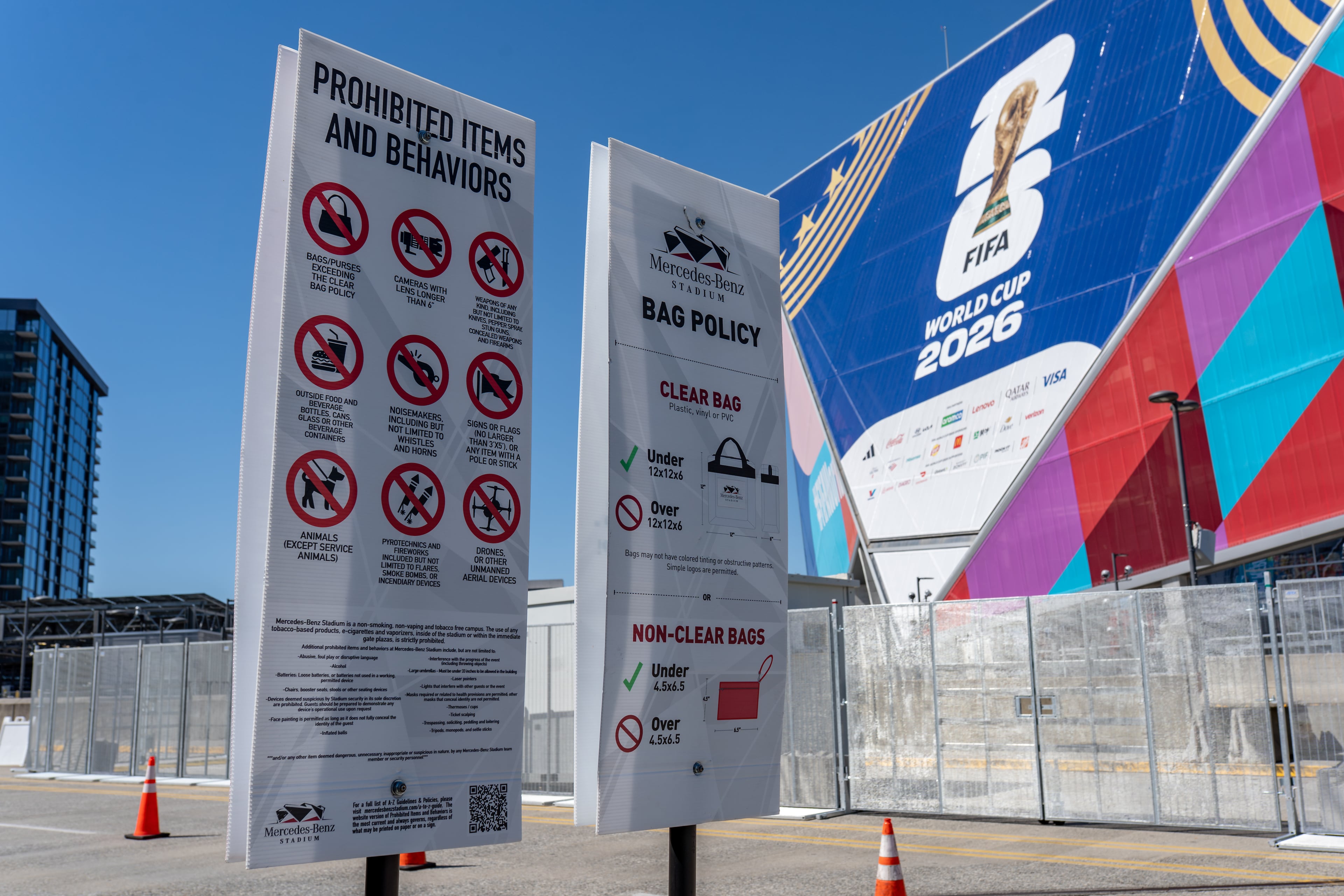 New signage is added outside of the Mercedes-Benz Stadium on Thursday, June 4, 2026. (Ben Hendren for the AJC)