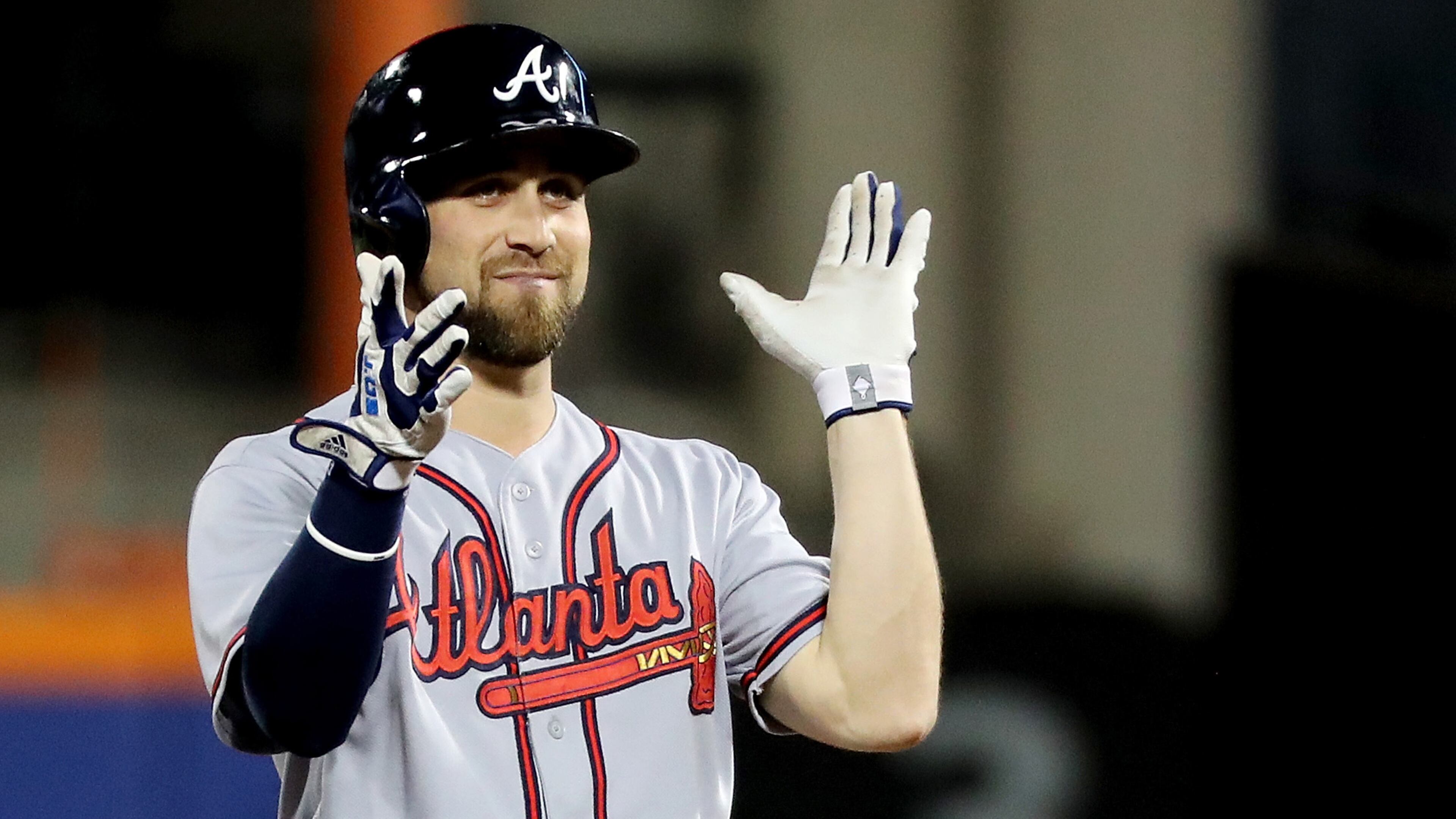 NEW YORK, NY - SEPTEMBER 26: Ender Inciarte #11 of the Atlanta Braves reacts after hitting a lead off double against the New York Mets on September 26, 2017 at Citi Field in Flushing neighborhood of the Queens borough of New York City. (Photo by Abbie Parr/Getty Images)