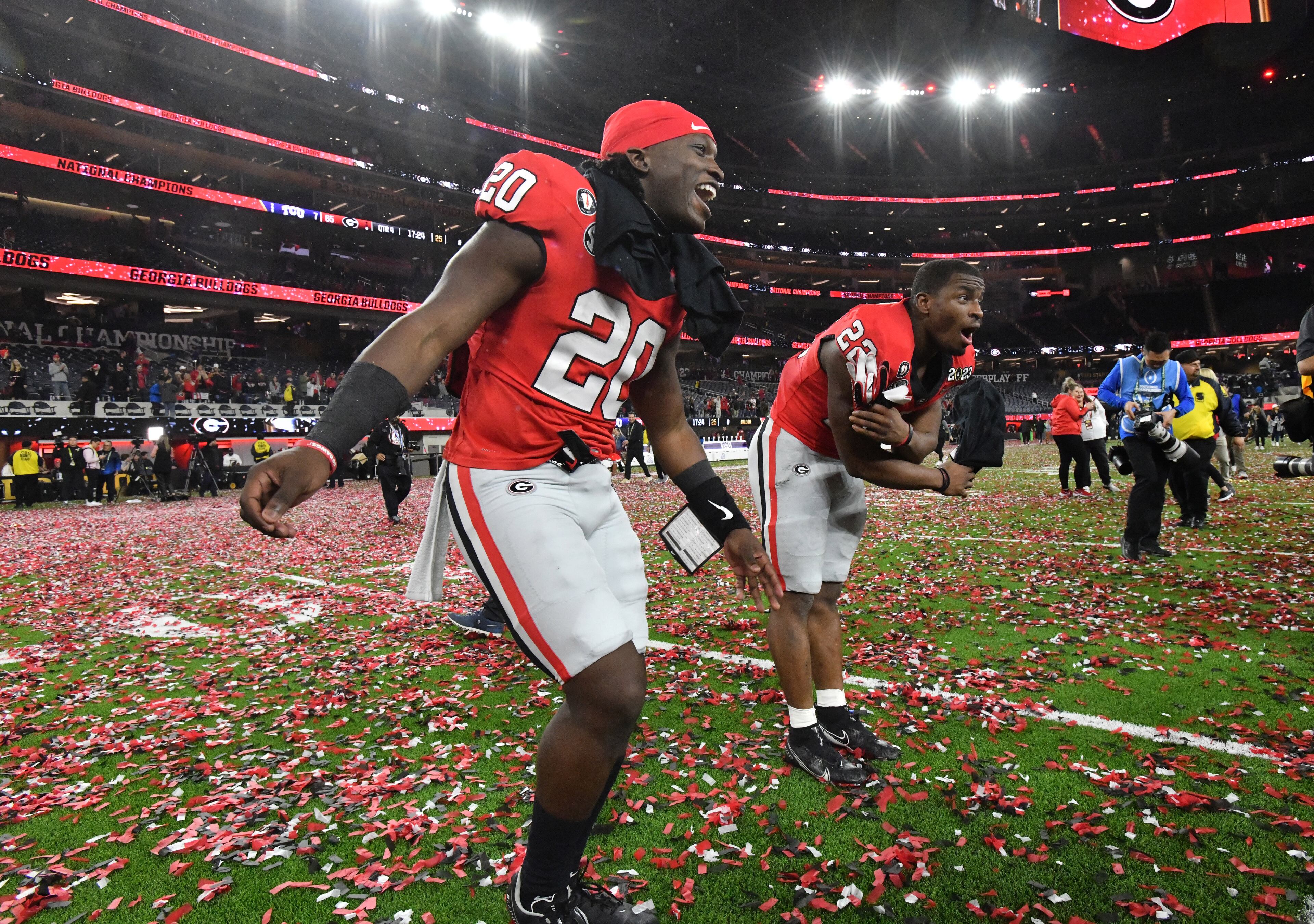 Georgia players dance after Georgia beat TCU during the 2023 College Football Playoff National Championship game at SoFi Stadium, Monday, Jan. 9, 2023, in Inglewood, California. (Hyosub Shin / Hyosub.Shin@ajc.com)