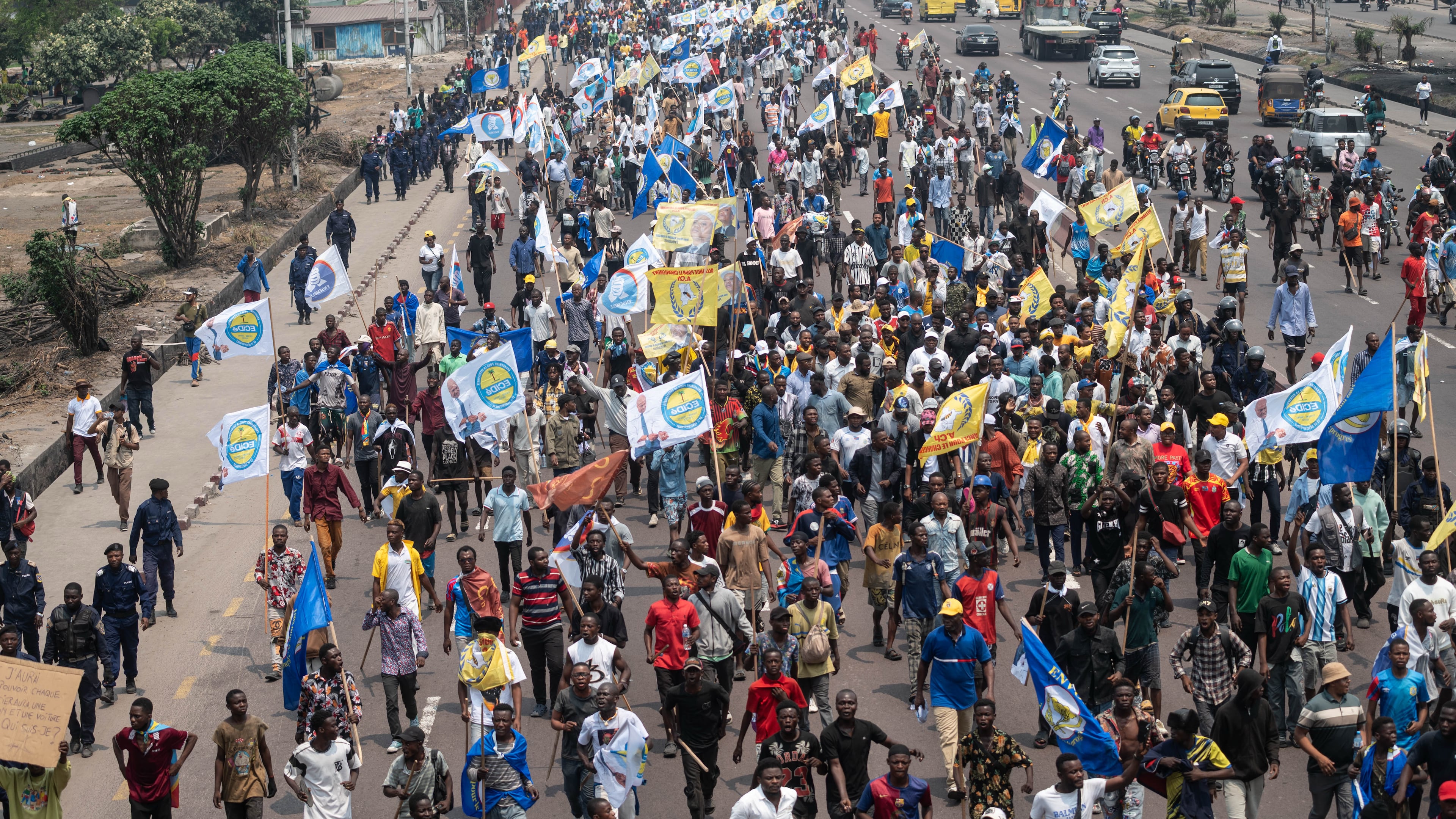 People march during a protest organized by opposition parties against constitutional changes proposed by President Felix Tshisekedi, in Kinshasa, Congo, Tuesday, Sept. 15, 2026. (AP Photo/Samy Ntumba Shambuyi)