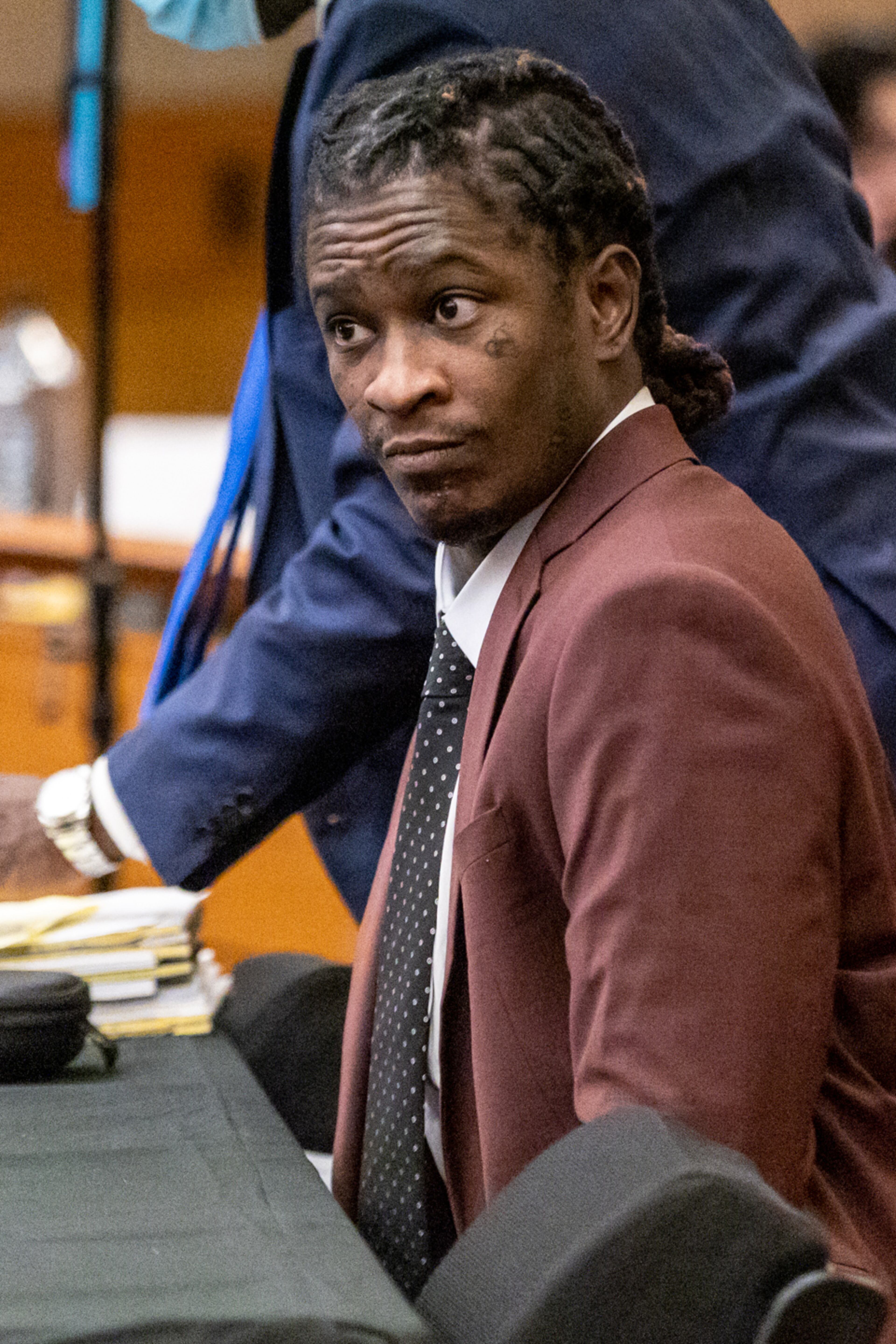 Young Thug, whose real name is Jeffery Williams, waits for jury selection to resume on Tuesday, Jan. 24, 2023. (Steve Schaefer/steve.schaefer@ajc.com)
