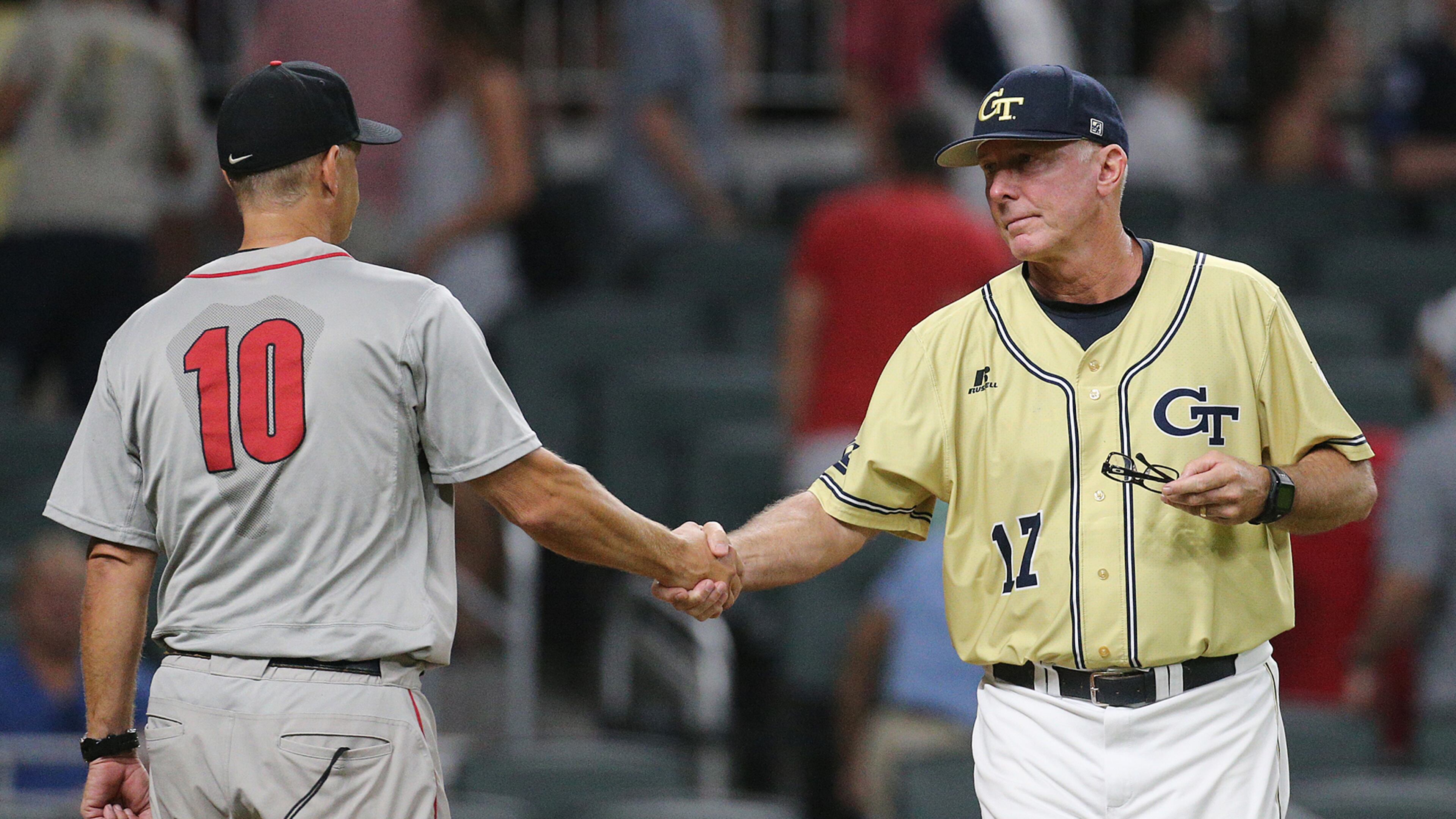 May 9, 2017, Atlanta: Georgia Tech head coach Danny Hall congratulates Georgia head coach Scott Stricklin on a 8-7 victory in the Spring Classic during a NCAA college baseball game at SunTrust Park on Tuesday, May 9, 2017, in Atlanta. Curtis Compton/ccompton@ajc.com