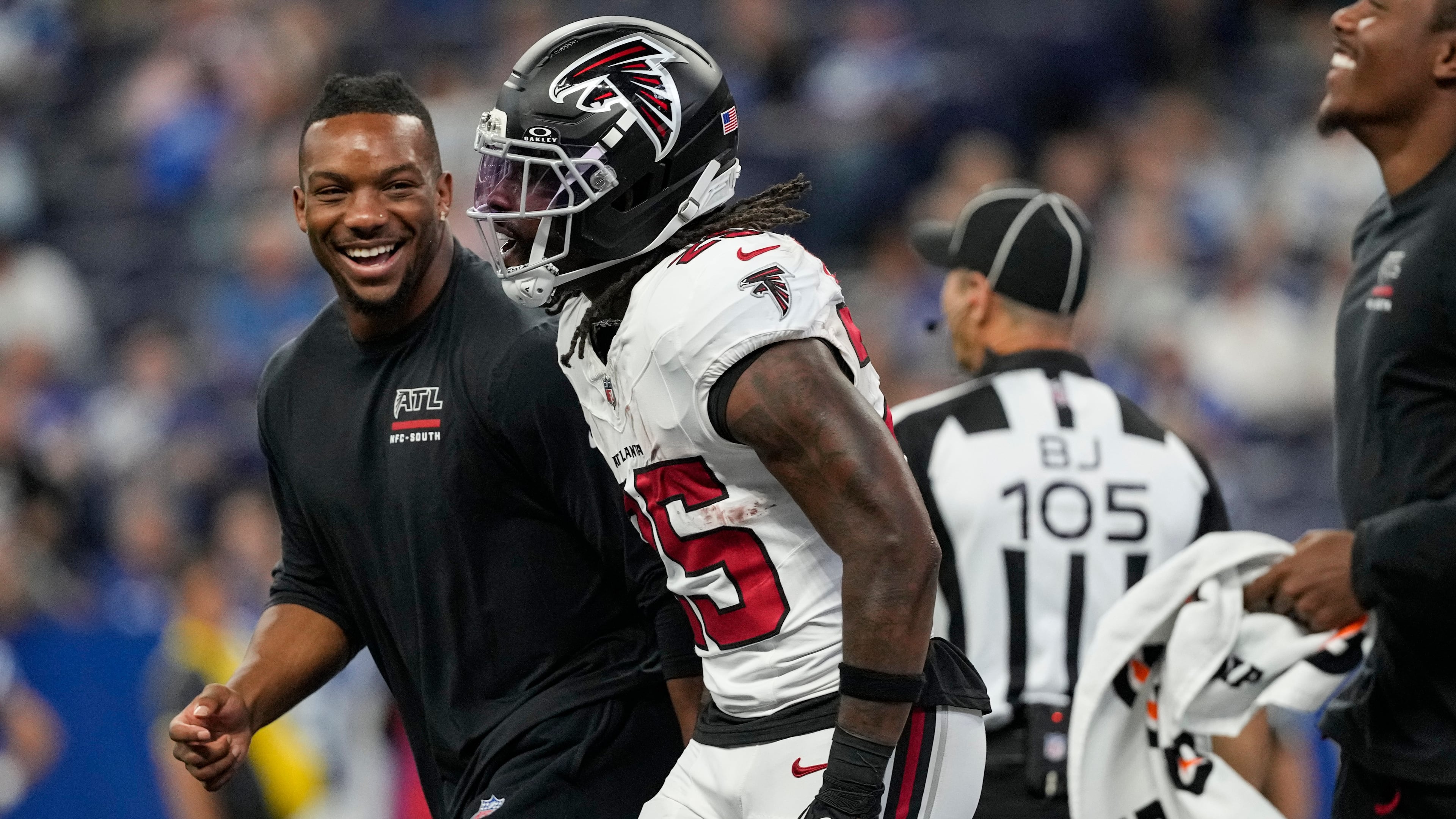 Atlanta Falcons running back Tyler Goodson celebrates after a touchdown against the Indianapolis Colts during the first half of an NFL football game in Indianapolis, Saturday, Aug. 22, 2026. (Nam Y. Huh/AP)