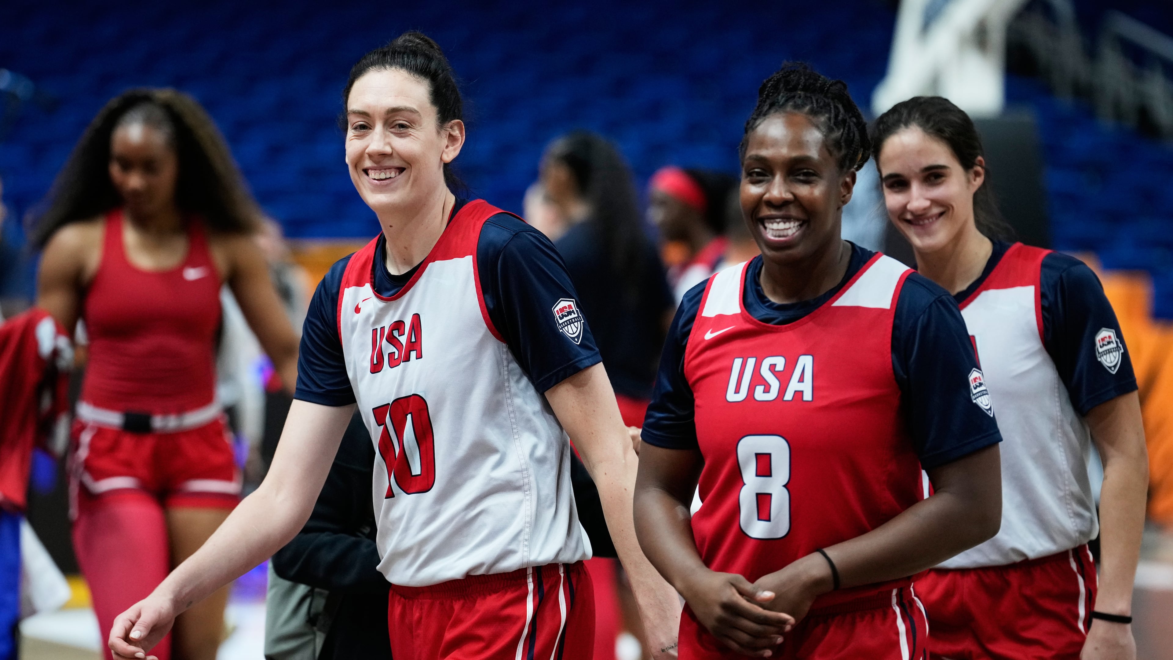 Breanna Stewart (10) and Chelsea Gray (8) of United States attend a training session ahead of the match between China and United States during the Women's Basketball World Cup in Berlin, Germany, Wednesday, Sept. 2, 2026. (AP Photo/Ebrahim Noroozi)