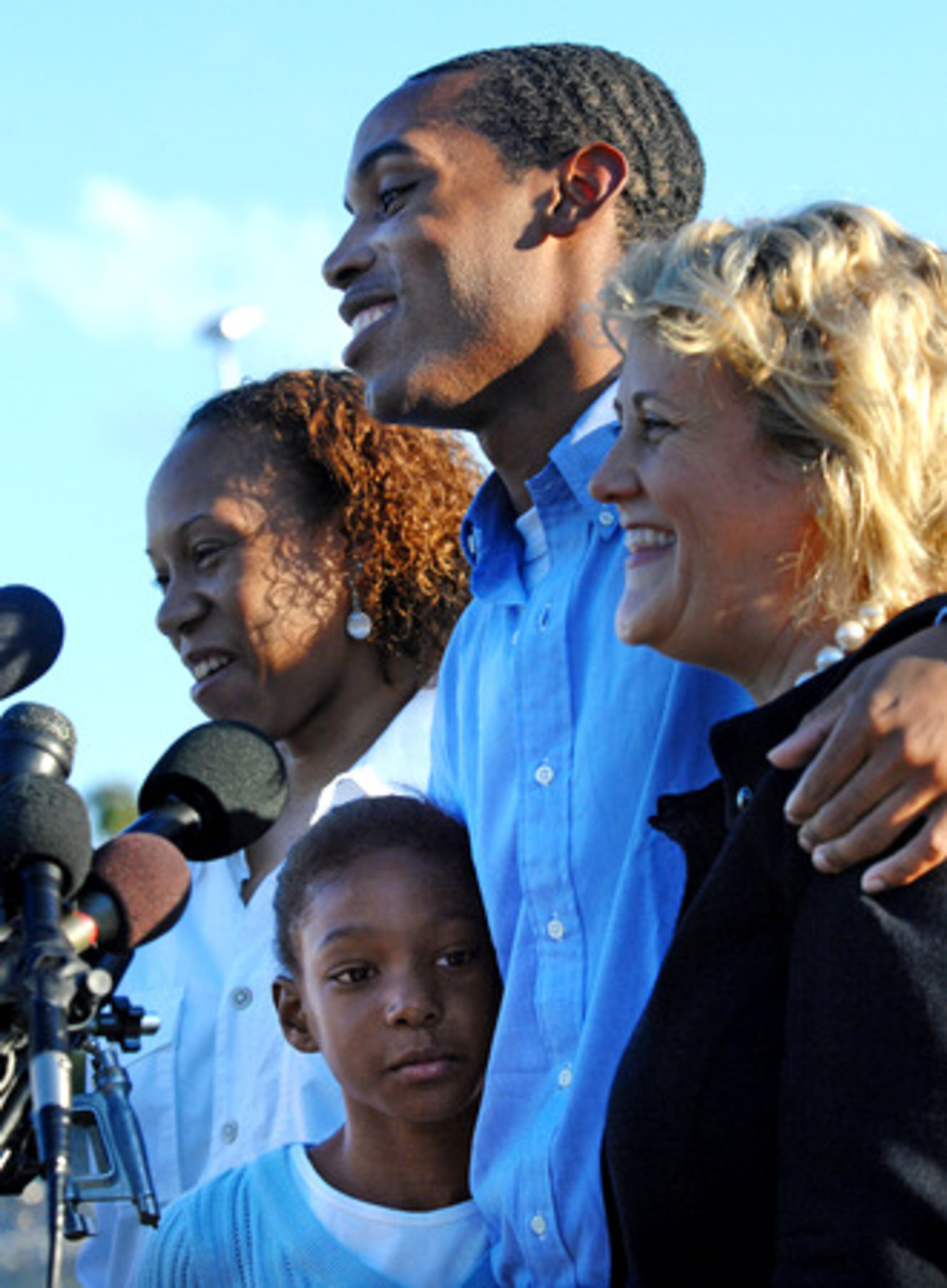Wilson, along with his mother, sister and attorney, B.J. Bernstein pose together during the press conference outside the prison.