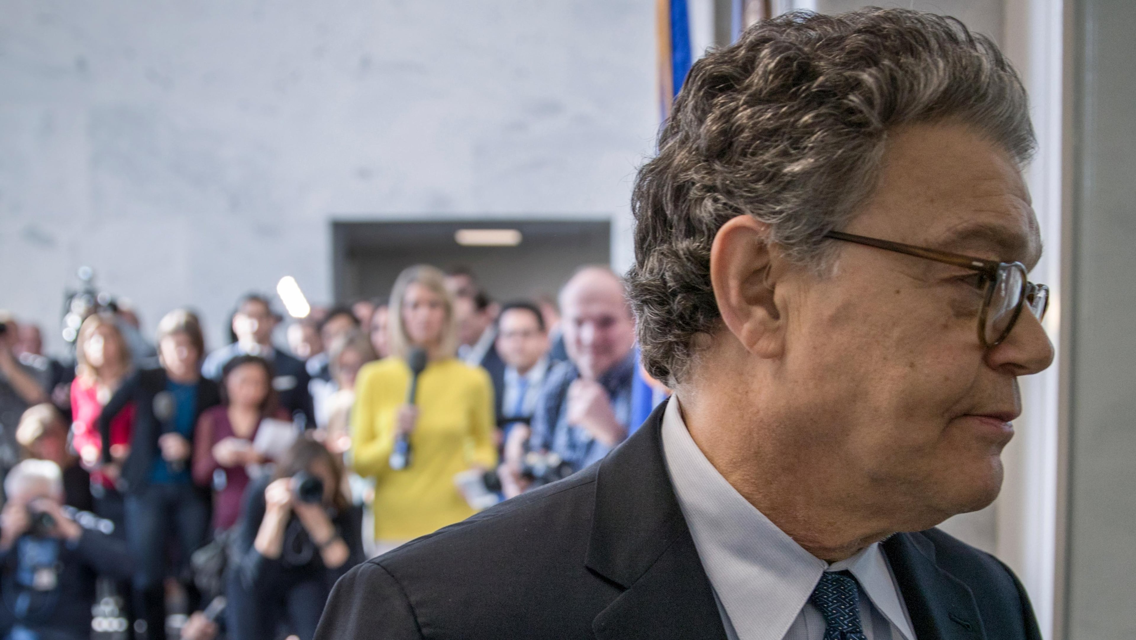 Sen. Al Franken, D-Minn., returns to his office after talking to the media on Capitol Hill in Washington, Monday, Nov. 27, 2017. (AP Photo/J. Scott Applewhite)