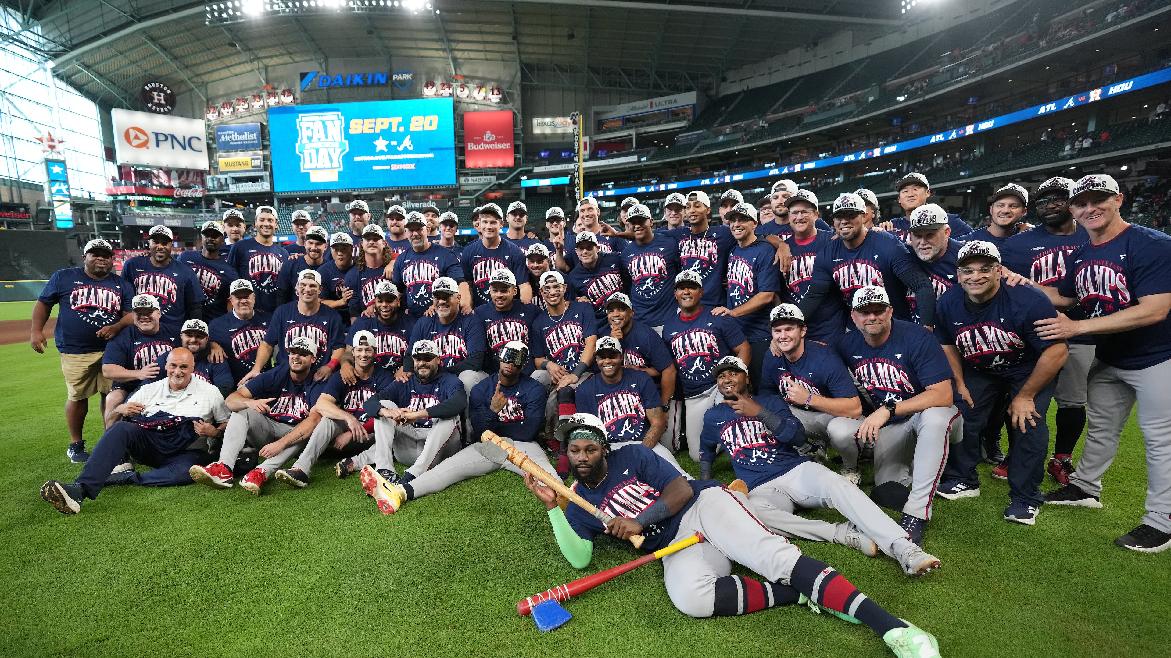 Atlanta Braves players and coaches take a group photo on the field after a baseball game against the Houston Astros as the Braves clinched the NL East title, Sunday, Sept. 20, 2026, in Houston. (Karen Warren/AP)