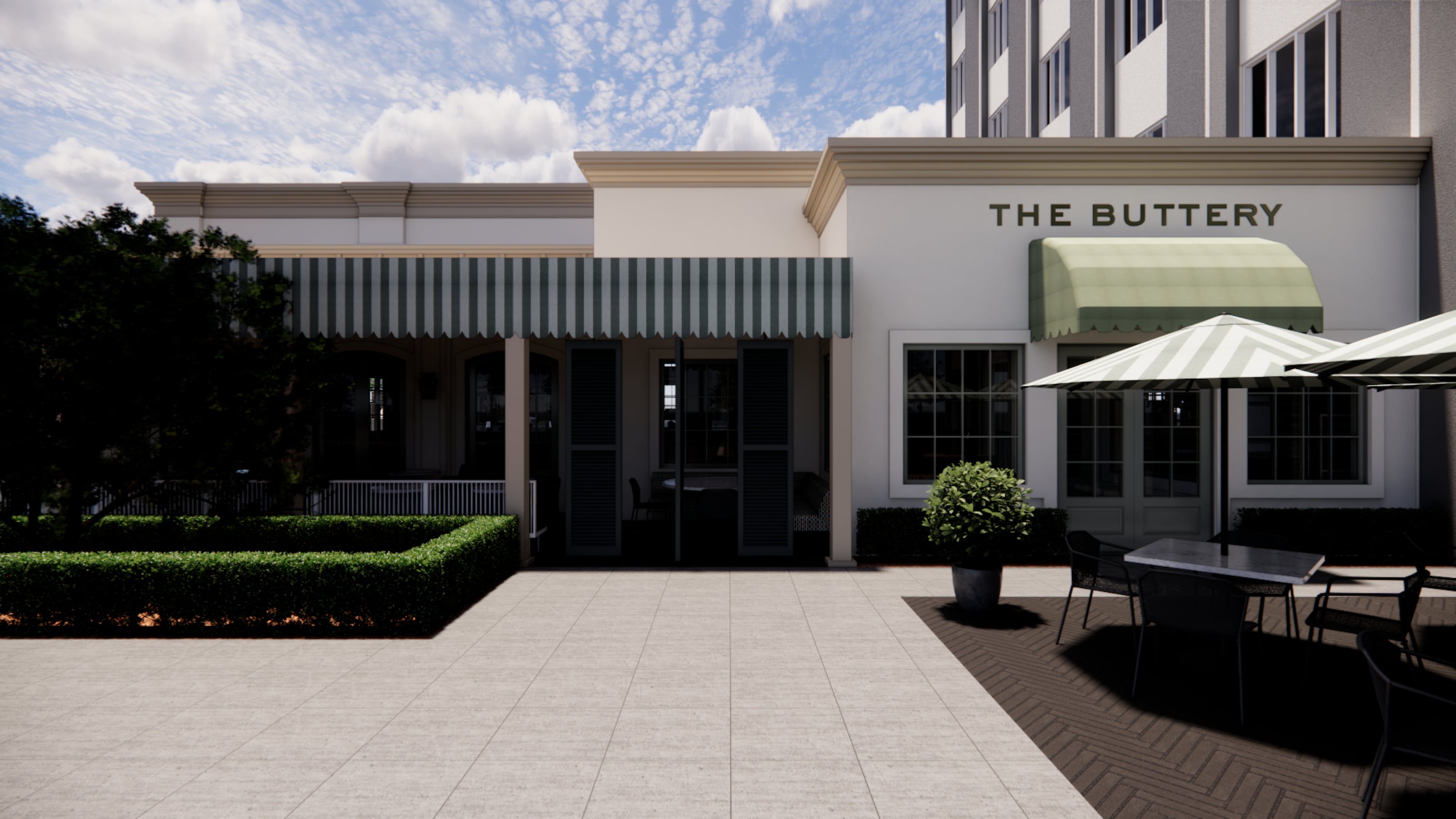 Chef Linton Hopkins will reopen his popular cafe and bakery, the Buttery, in Buckhead. A rendering of the exterior of the Buttery. (Courtesy of ASD SKY)